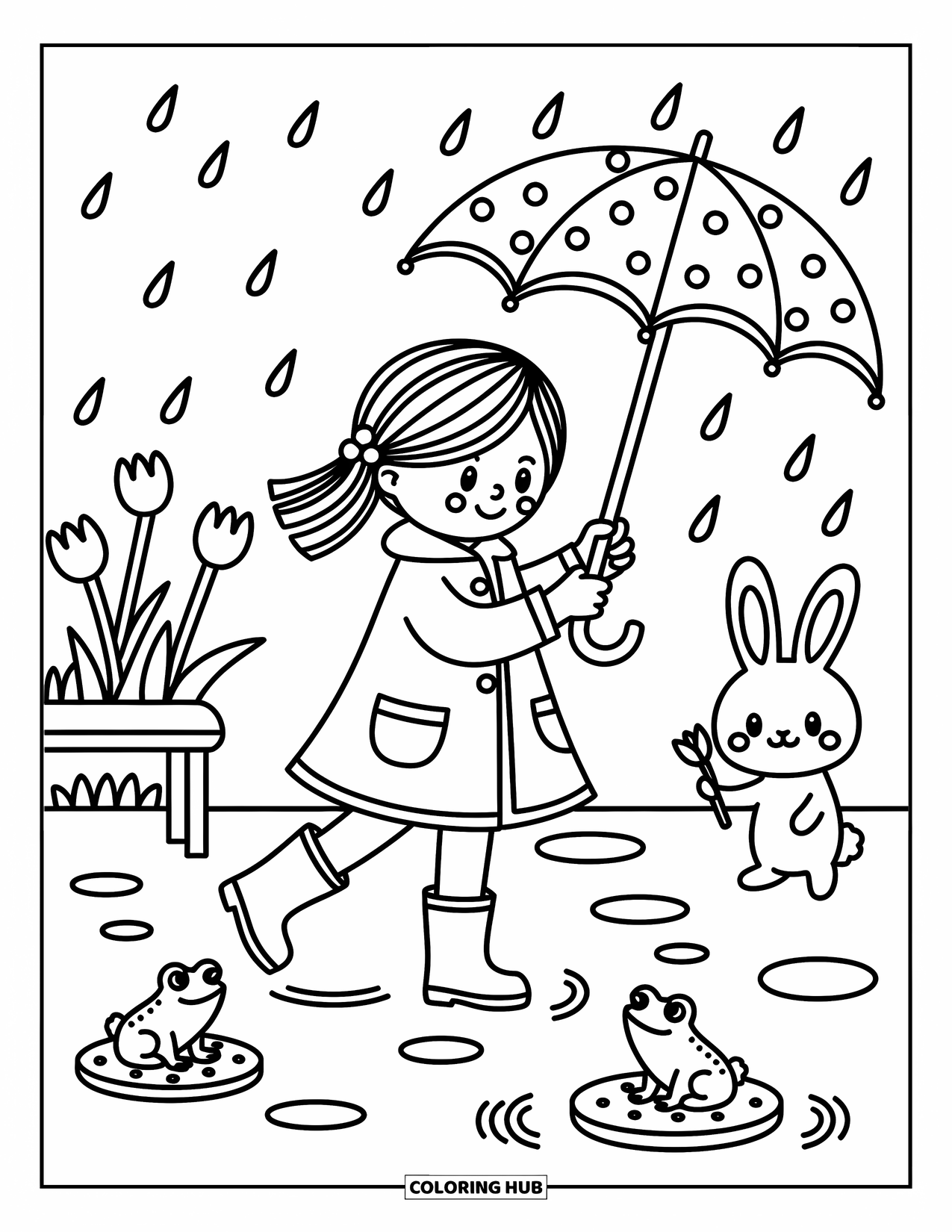 Lente Kleurplaat voor Volwassenen: Een meisje in regenlaarzen draait een paraplu terwijl regendruppels plassen rimpelen, met een konijntje dat in de buurt piept