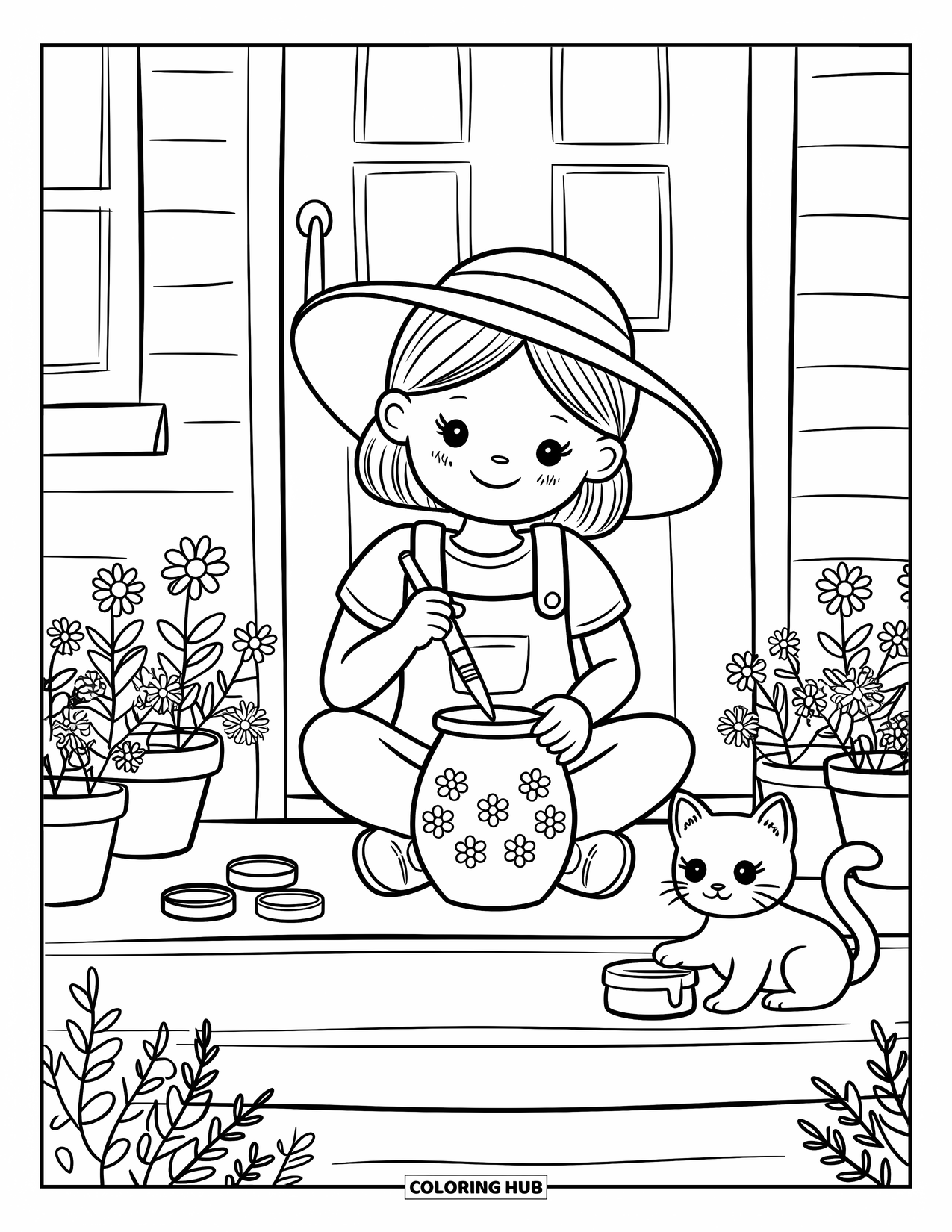 Lente Kleurplaat voor Volwassenen: Een meisje schildert op een veranda van een huisje een kleipot, omringd door bloeiende bloemen en een nieuwsgierig kitten