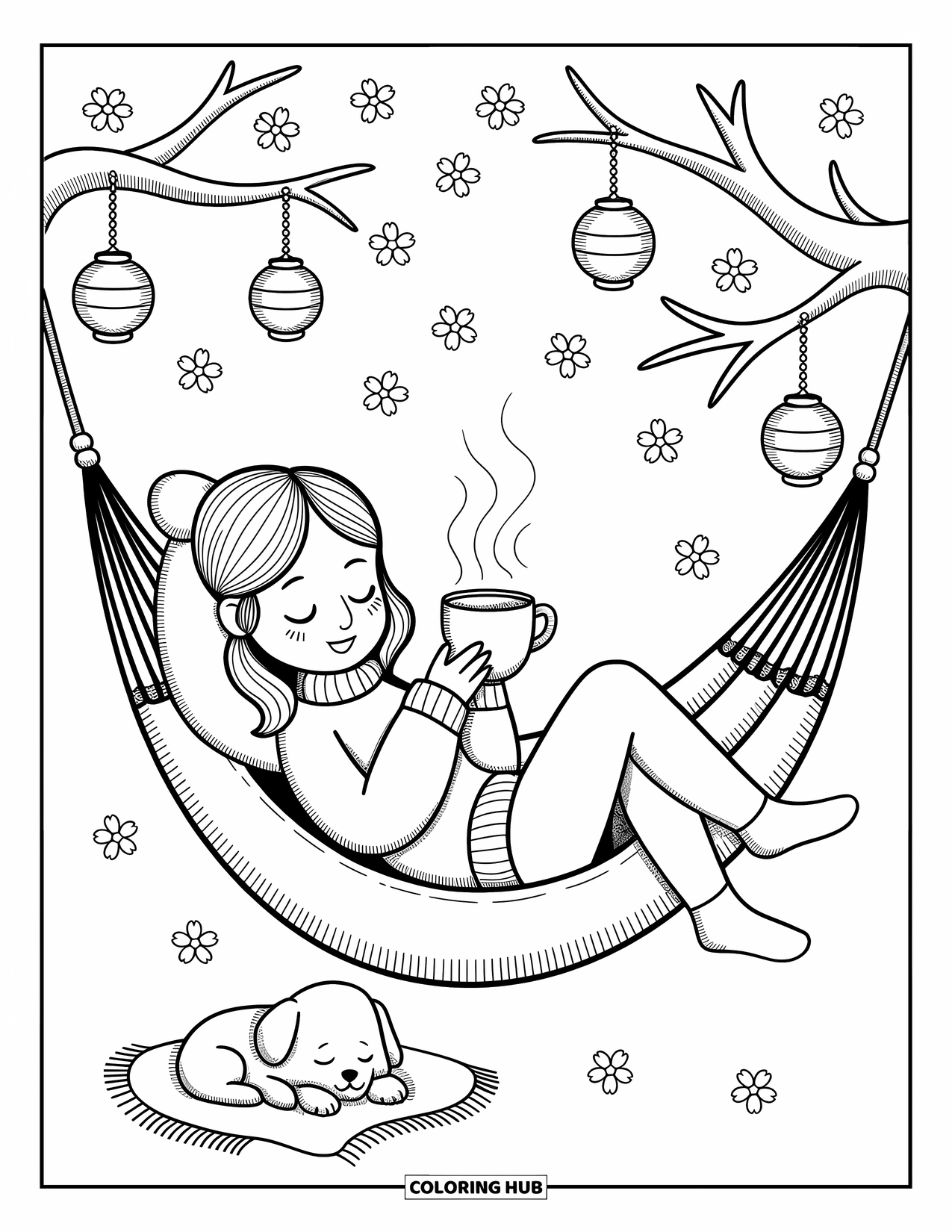 Lente Kleurplaat voor Volwassenen: Een meisje ontspant zich in een hangmat met een warme kop thee terwijl kersenbloesems zachtjes om haar heen vallen