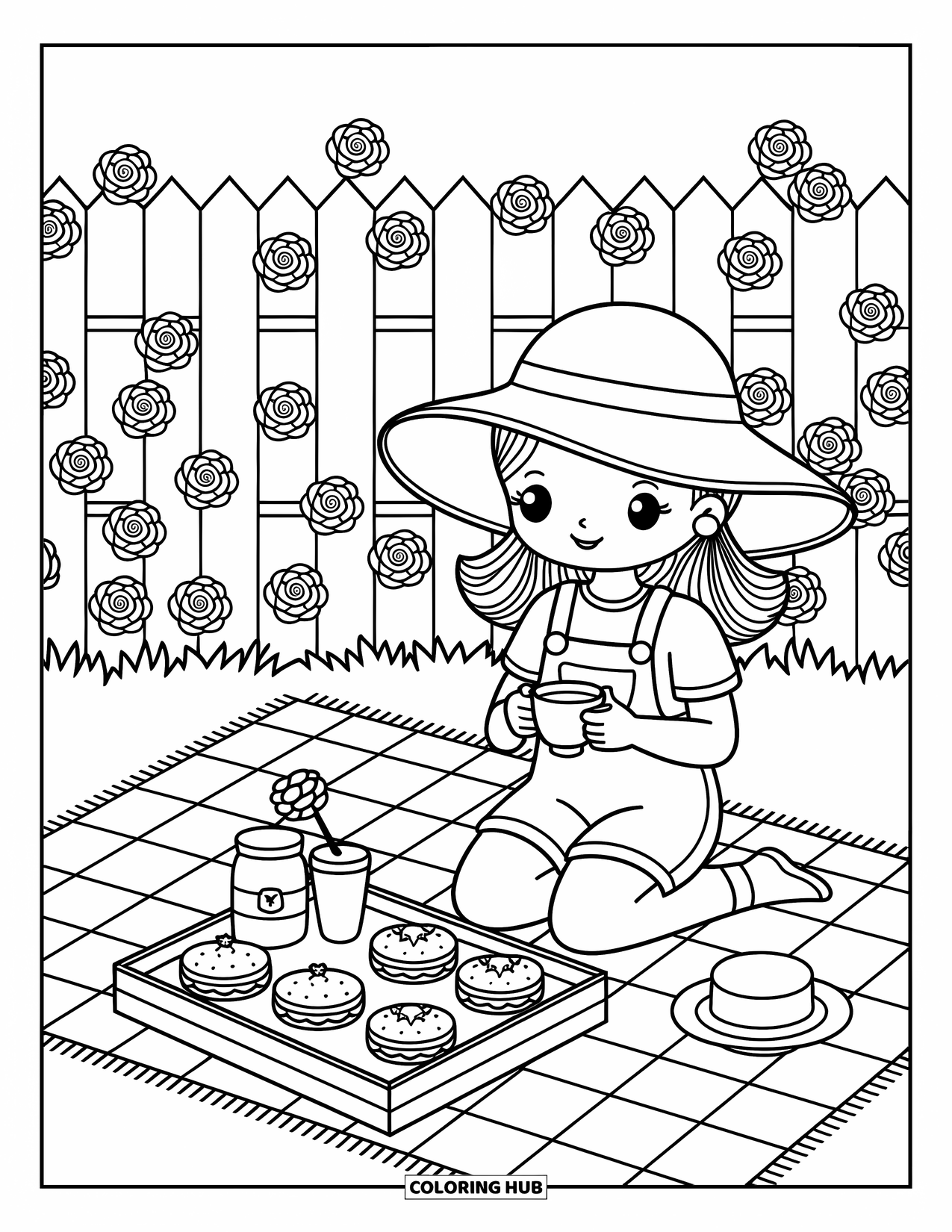 Lente Kleurplaat voor Volwassenen: Een meisje drinkt thee op een picknickkleed, omringd door kleine lekkernijen en bloeiende rozen