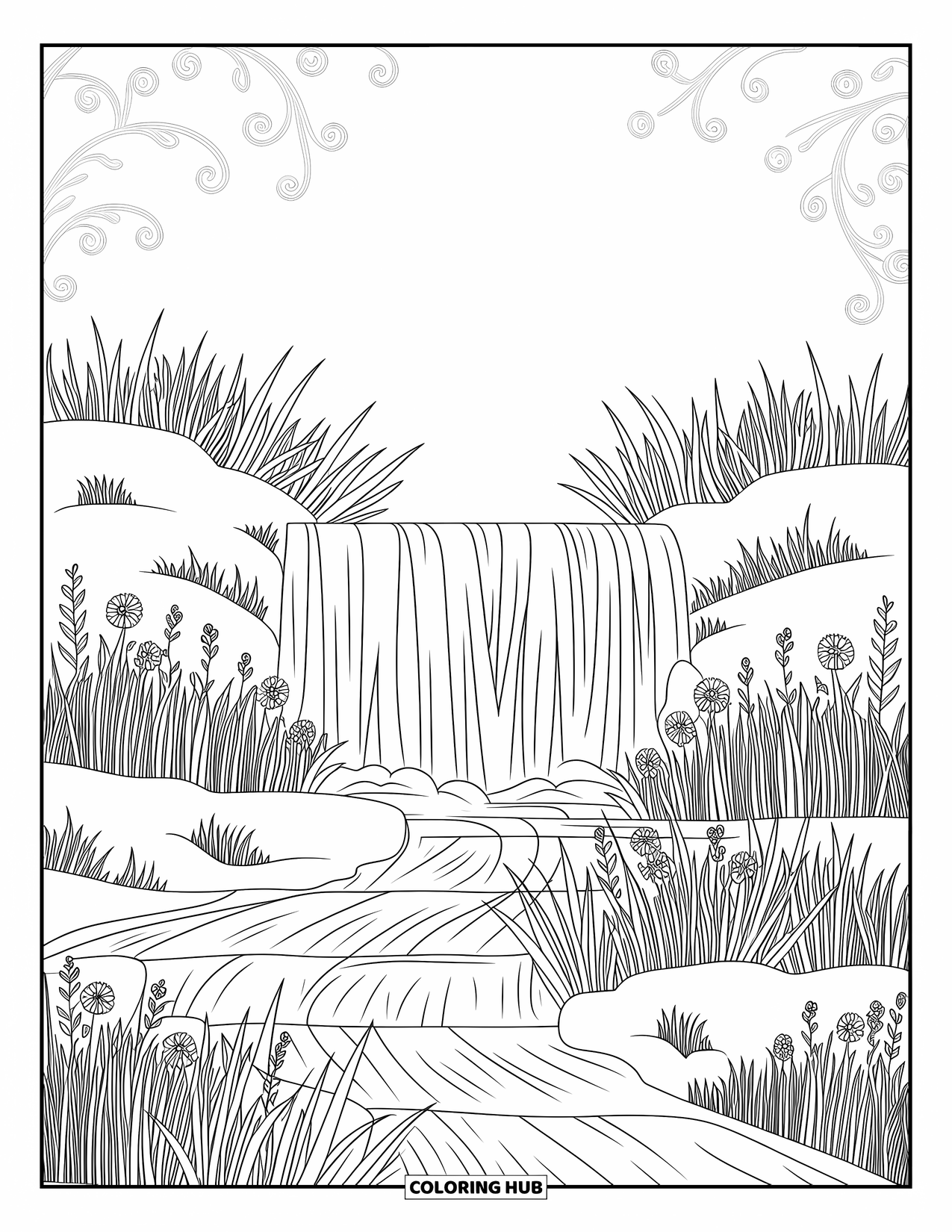 Lente Kleurplaat voor Volwassenen: Een sierlijke waterval die in een beekje stroomt, omlijst door hoog gras en bloeiende wilde bloemen