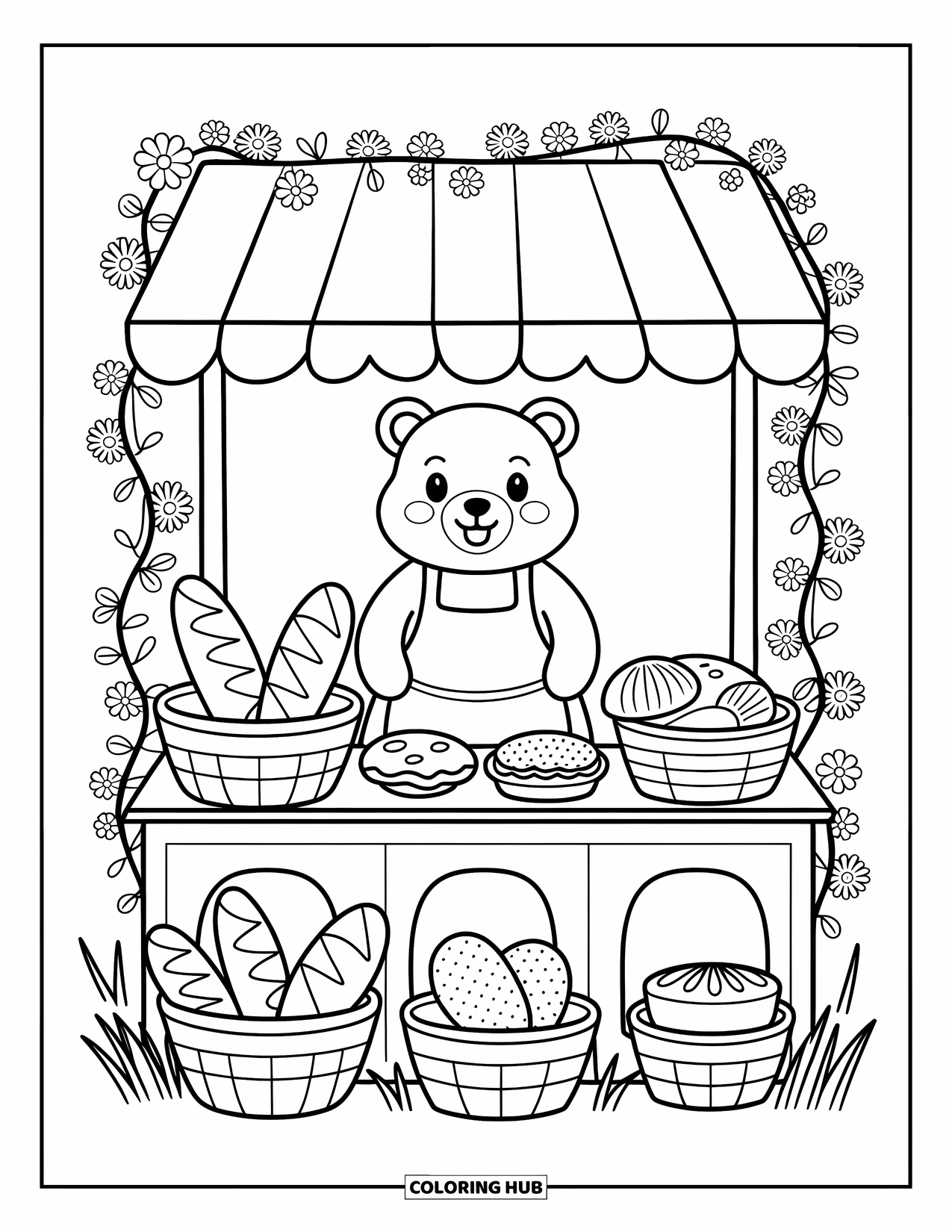 Lente Kleurplaat voor Volwassenen: Een blije beer verkoopt brood, koekjes en kleine taartjes vanuit een met bloemen versierde kraam