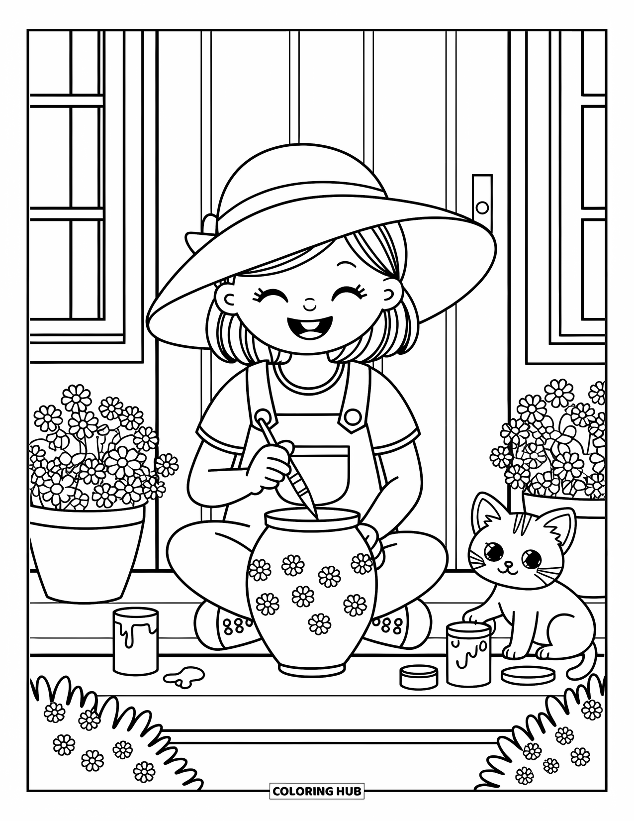 Lente Kleurplaat voor Volwassenen: Een vrolijk meisje schildert bloempotten op een gezellige veranda, terwijl een kitten speels zijn poot in de verf doopt