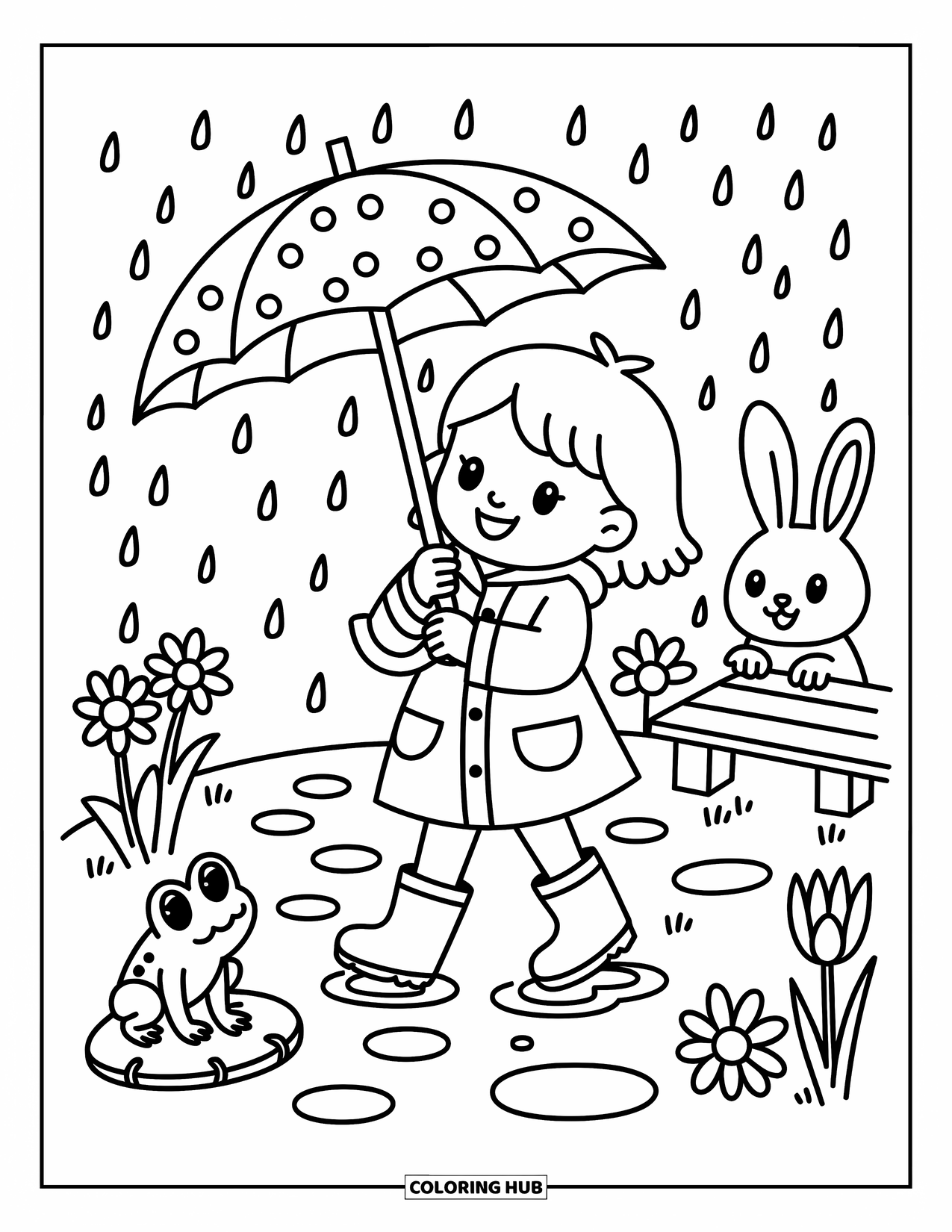Lente Kleurplaat voor Volwassenen: Een vrolijk meisje draait haar paraplu in de regen terwijl een kikker en een konijntje haar nieuwsgierig bekijken