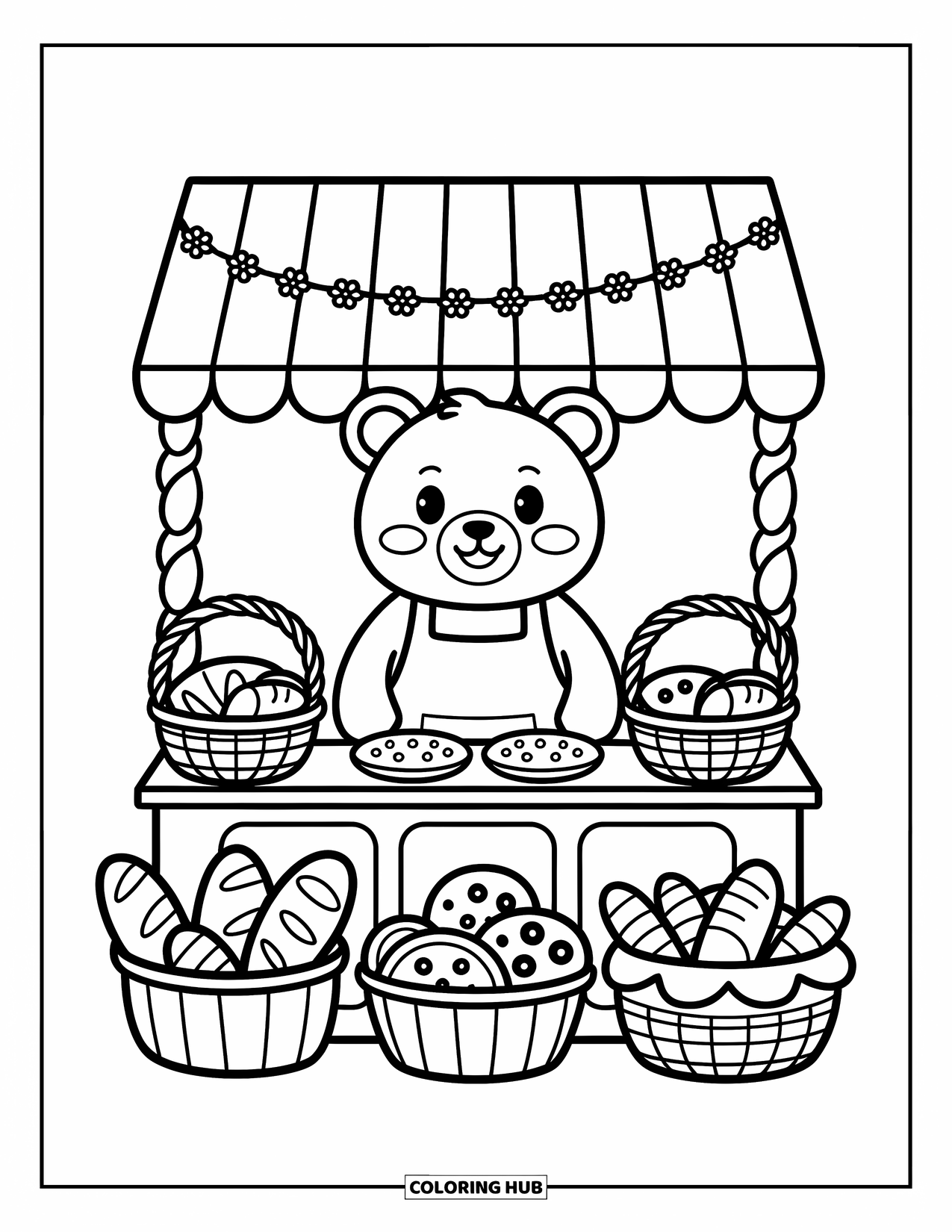 Lente Kleurplaat voor Volwassenen: Een kitten, puppy en konijntje genieten van een picknick met kleine sandwiches en macarons