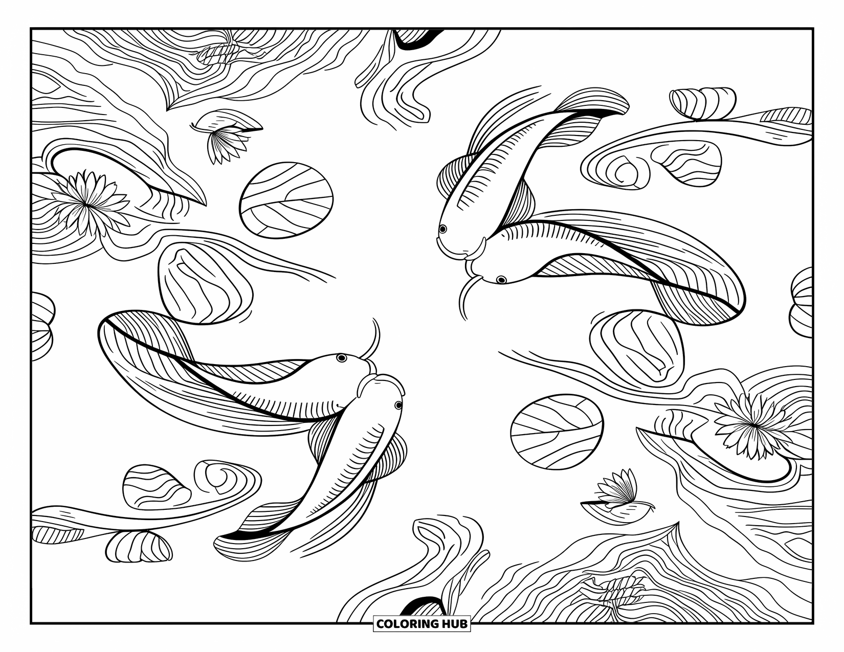 Lente Kleurplaat voor Volwassenen: Een koivijverscène met zachte rimpelingen, drijvende lelies en ingewikkelde wervelende waterpatronen