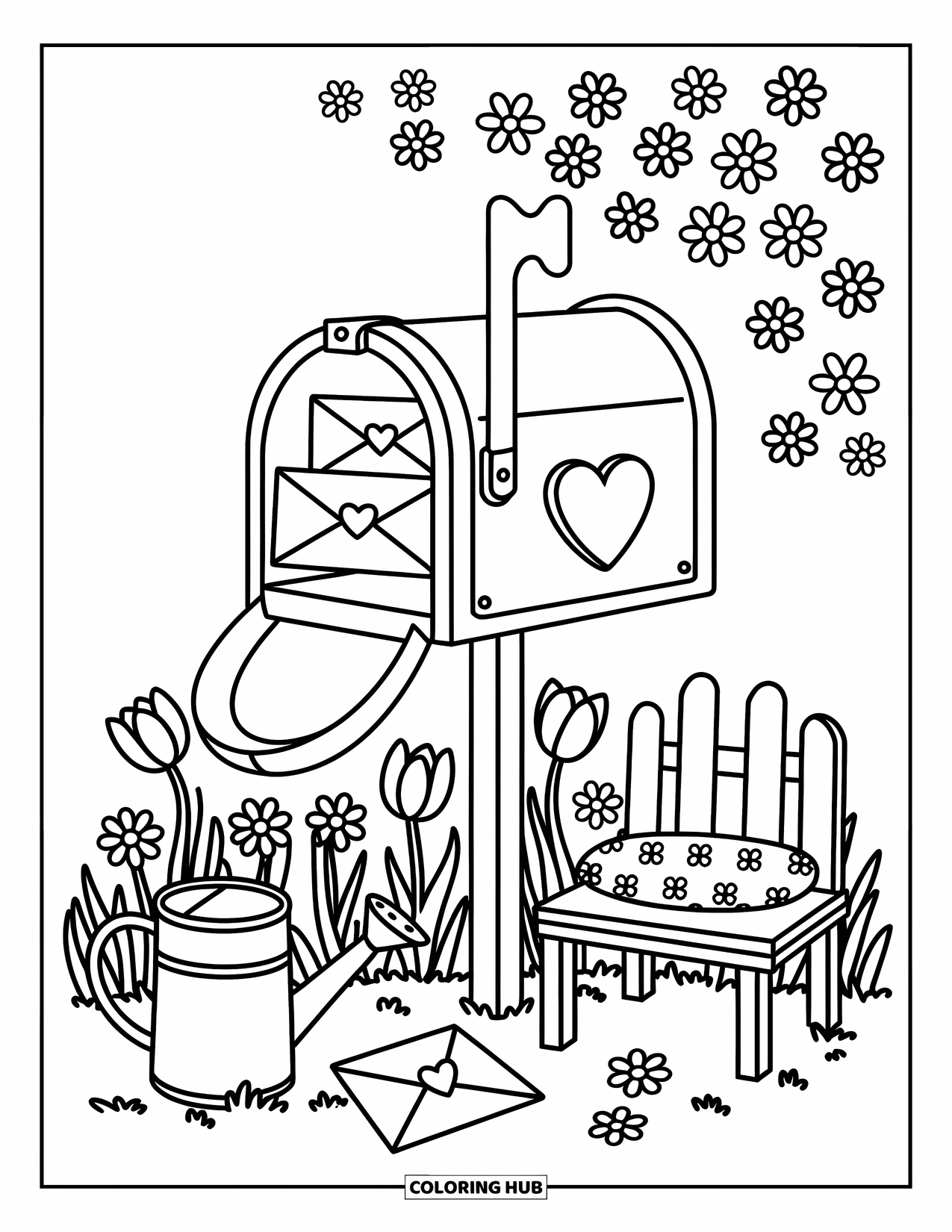 Lente Kleurplaat voor Volwassenen: Een groot raam met regendruppels die naar beneden druppelen, een stomende theekop rust op de vensterbank