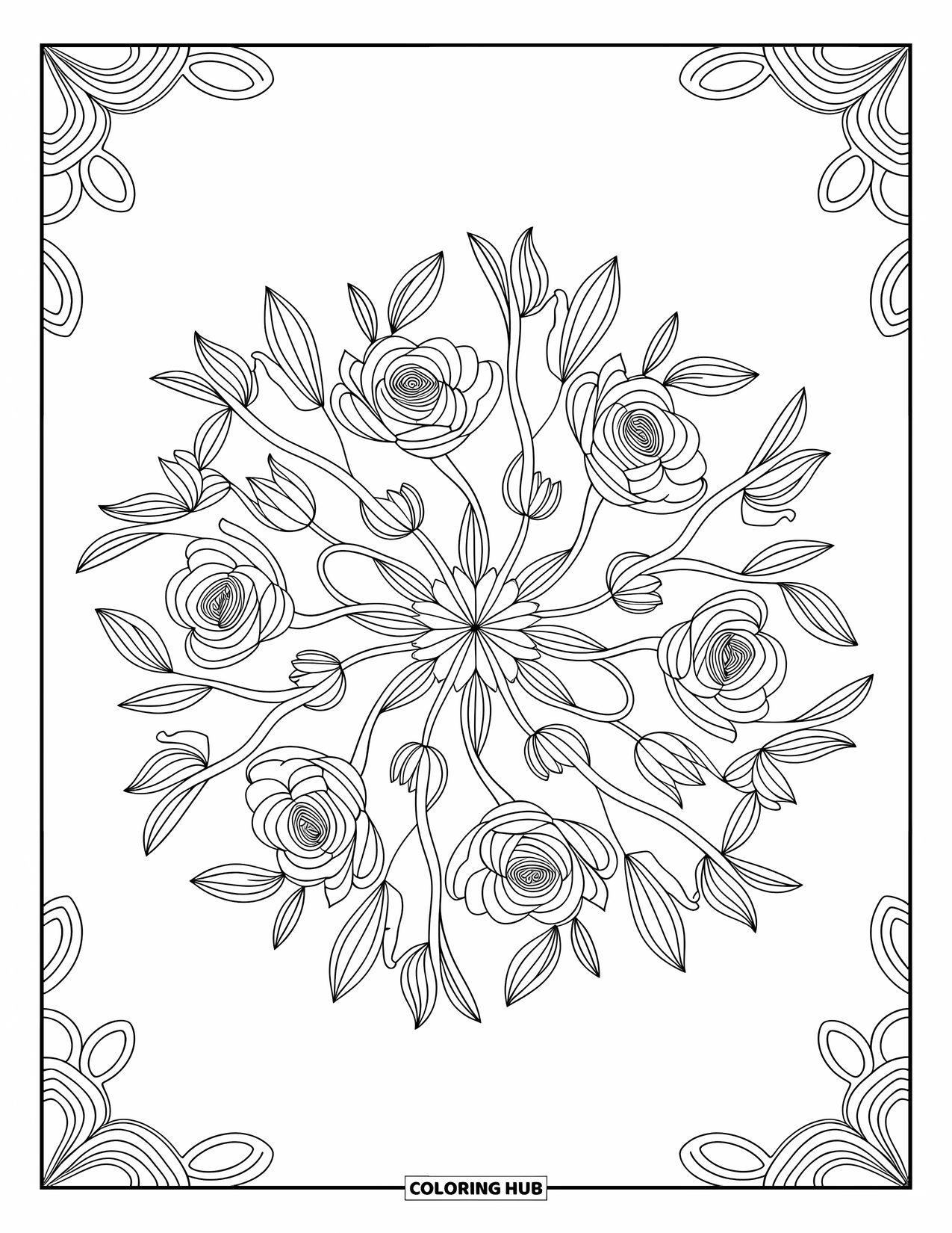 Lente Kleurplaat voor Volwassenen: Een betoverende bloemenmandala met rozen, tulpen en narcissen verweven tot een ingewikkeld patroon