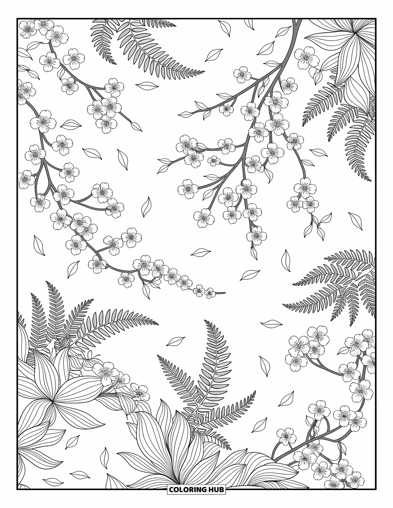 Lente Kleurplaat voor Volwassenen: Een betoverende mandala van kersenbloesems, varens en wervelende bloemblaadjes in een delicaat, ingewikkeld patroon