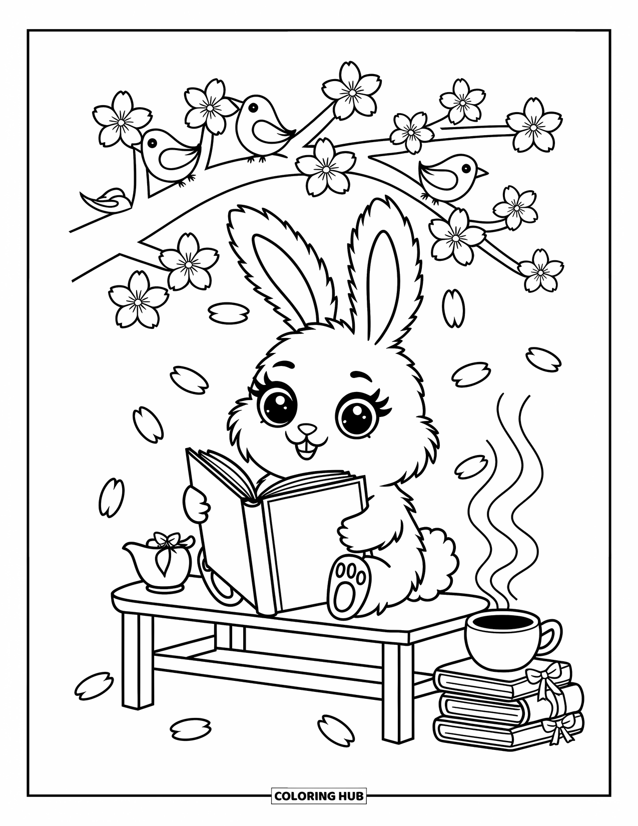 Lente Kleurplaat voor Volwassenen: Een vredig konijntje leest onder een kersenboom en drinkt thee met vogels in de buurt