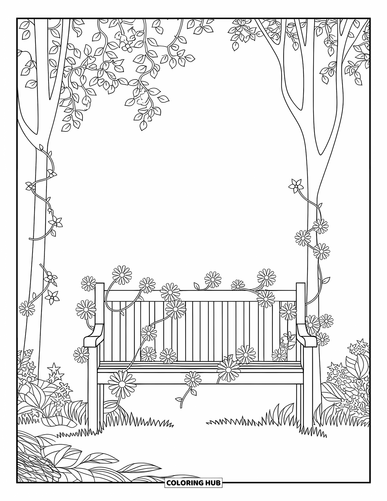 Lente Kleurplaat voor Volwassenen: Een vredige bosbank verstrengeld met bloeiende wijnranken en omringd door ingewikkeld gebladerte