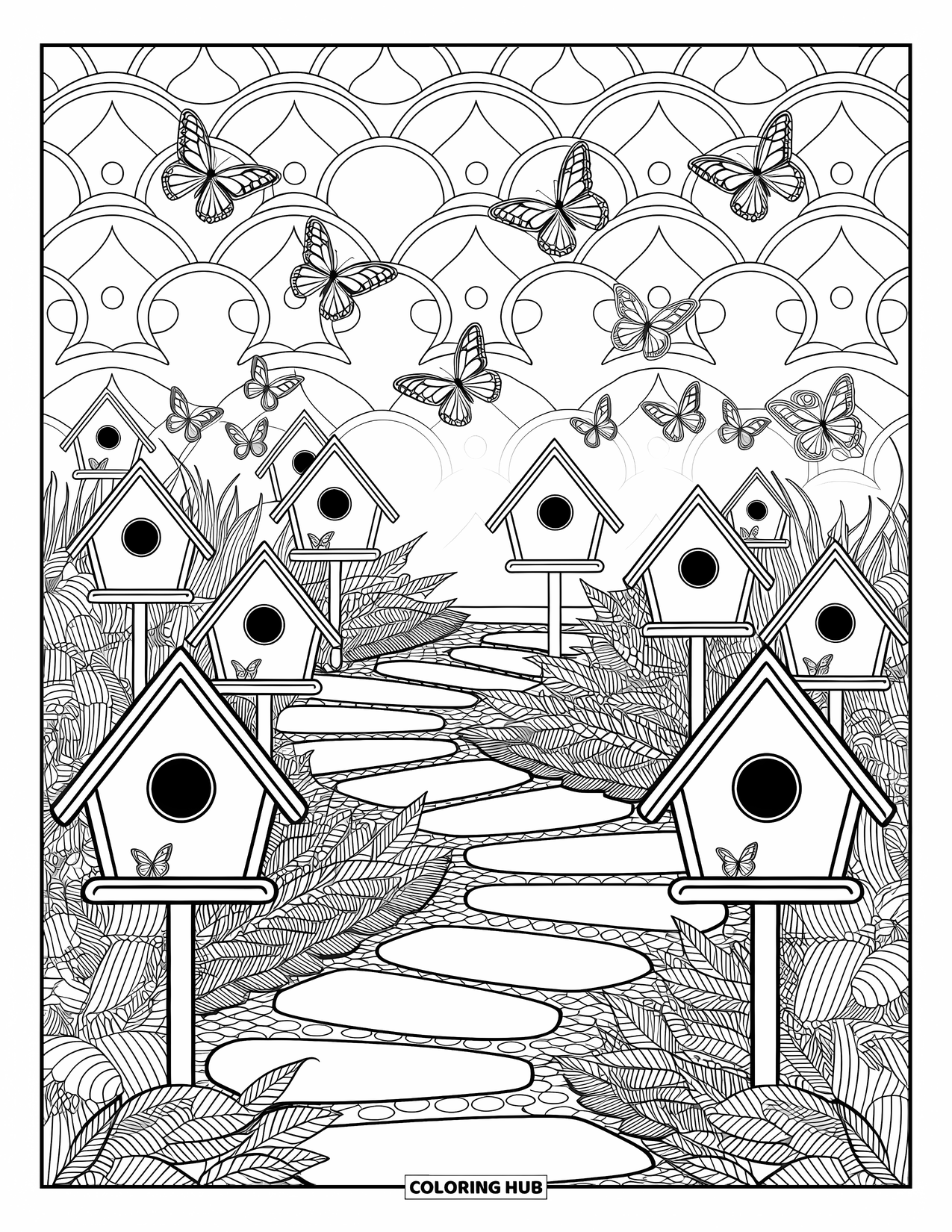 Lente Kleurplaat voor Volwassenen: Een vredig tuinpad omzoomd met vogelhuisjes en delicate vlinders in de vlucht