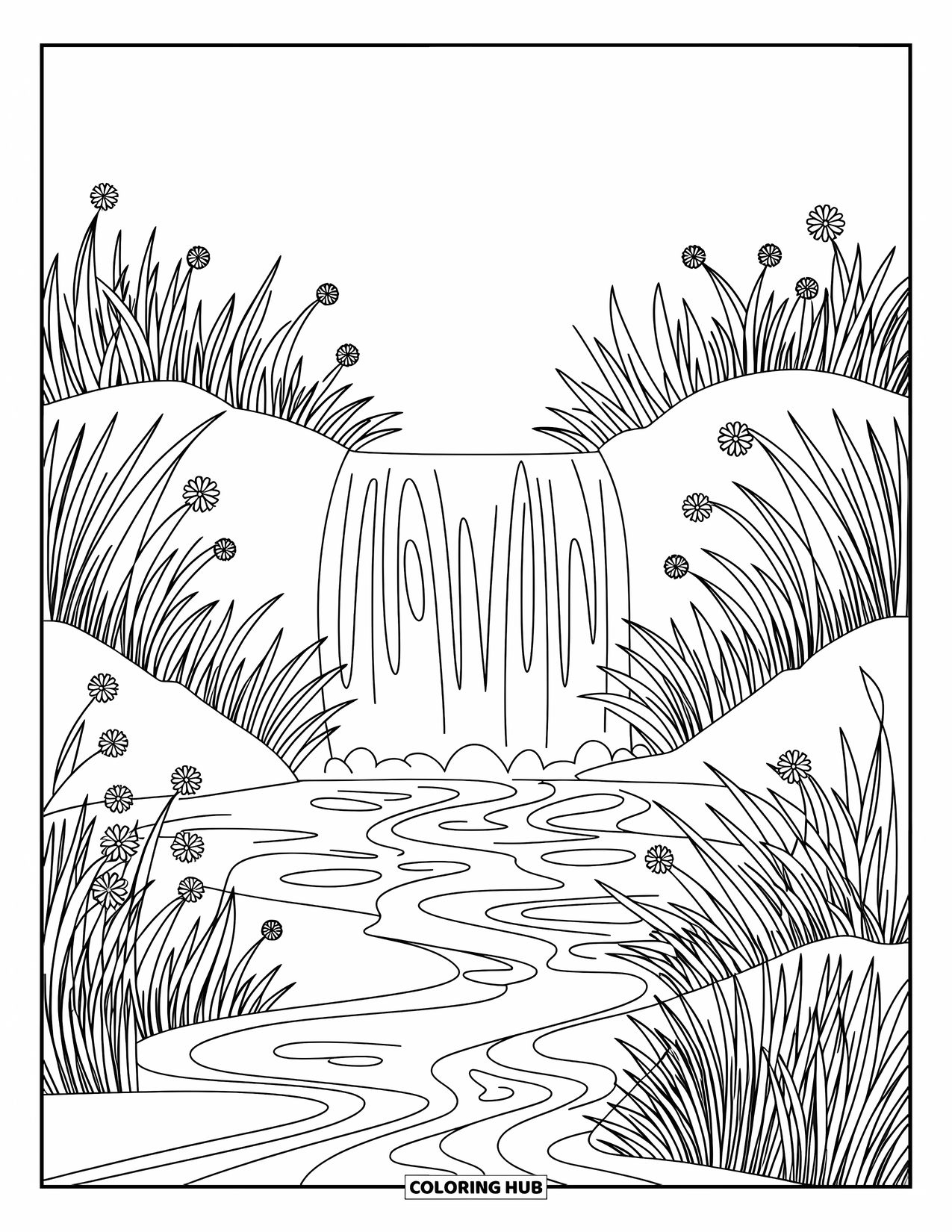 Lente Kleurplaat voor Volwassenen: Een vredige waterval die in een serene beek stroomt, omringd door gedetailleerde planten en bloemen