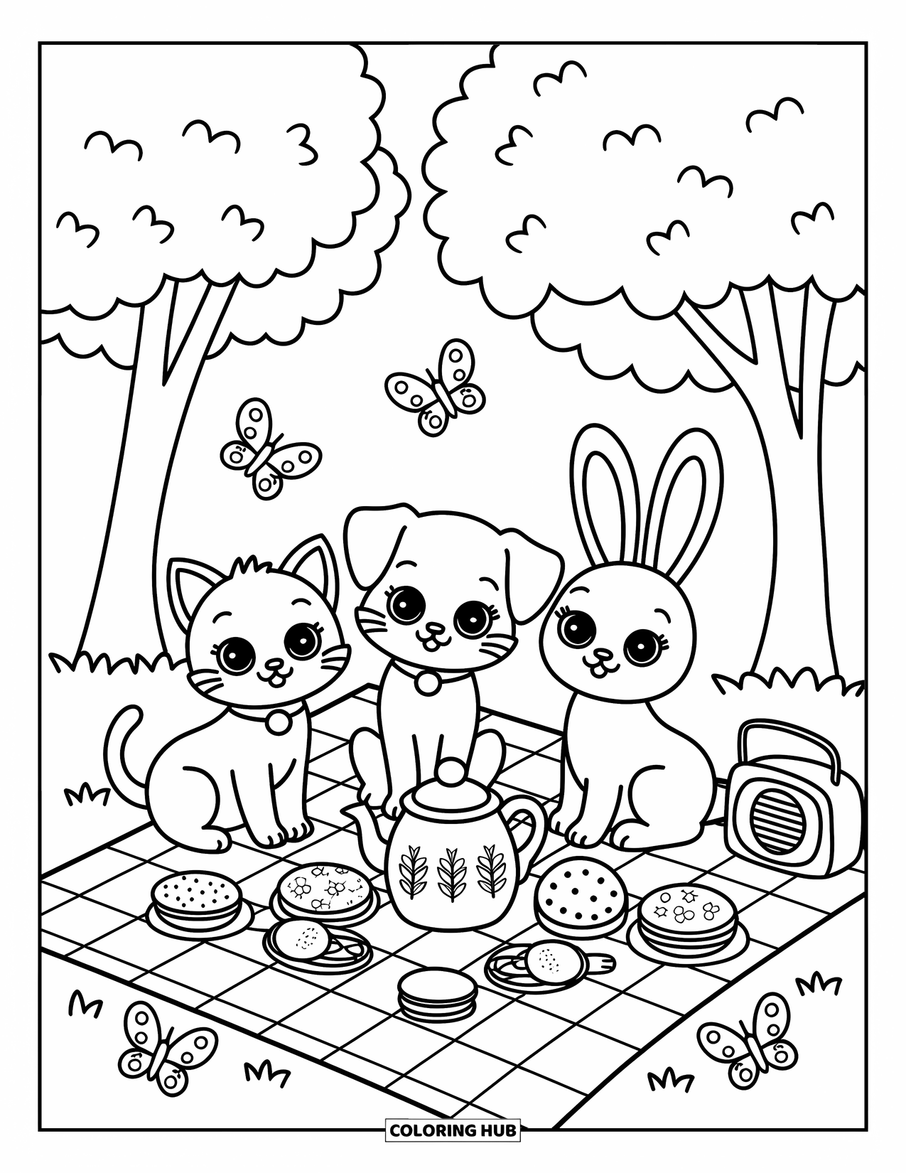 Lente Kleurplaat voor Volwassenen: Een speels trio geniet van een picknick met thee, koekjes en fladderende vlinders