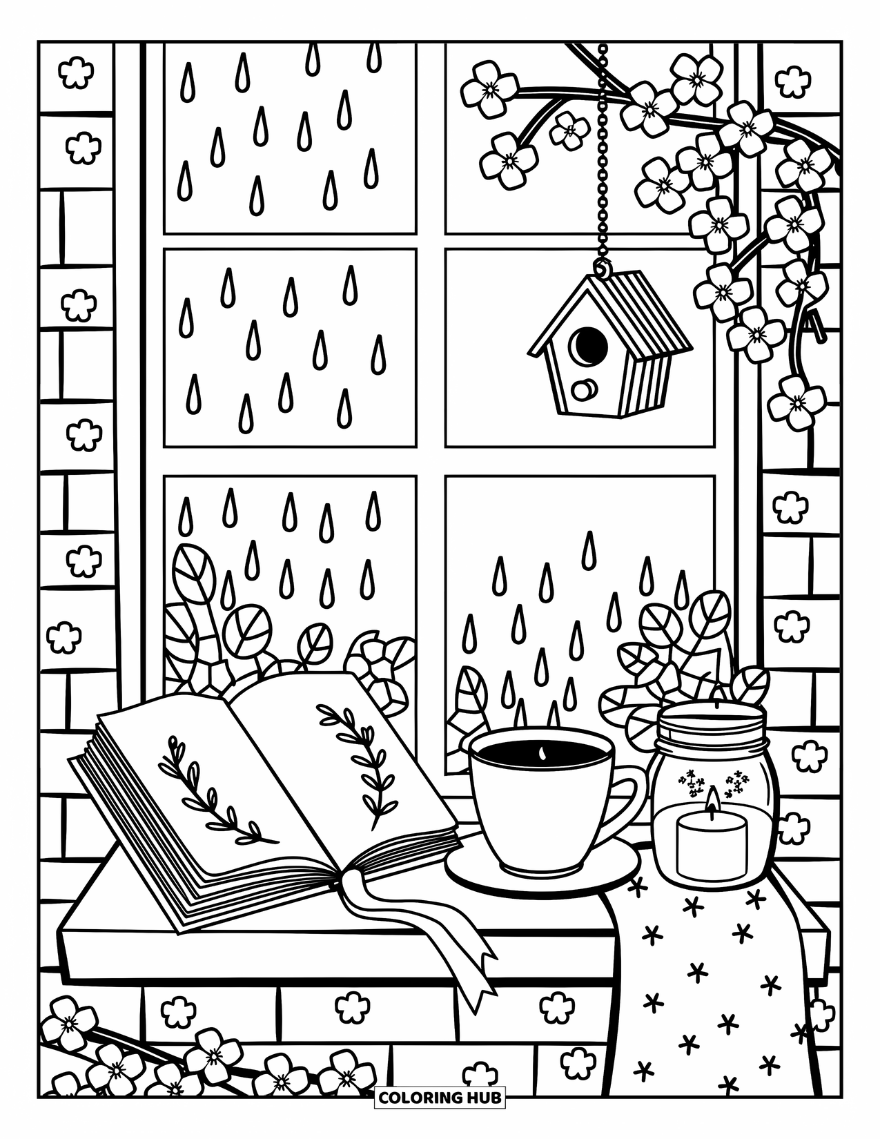 Lente Kleurplaat voor Volwassenen: Een raam op een regenachtige dag met een boek, warme thee en kersenbloesems buiten