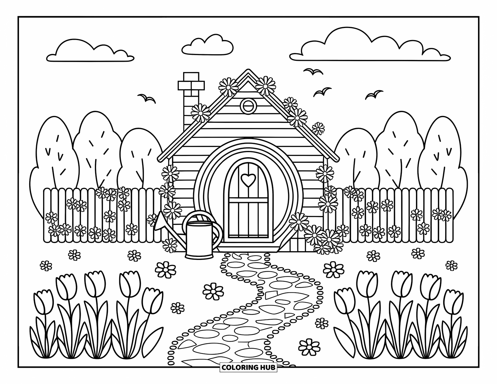 Lente Kleurplaat voor Volwassenen: Een huisje met een ronde deur en een hartvormige brievenbus staat tussen tulpen, een stenen pad en kleine vogels