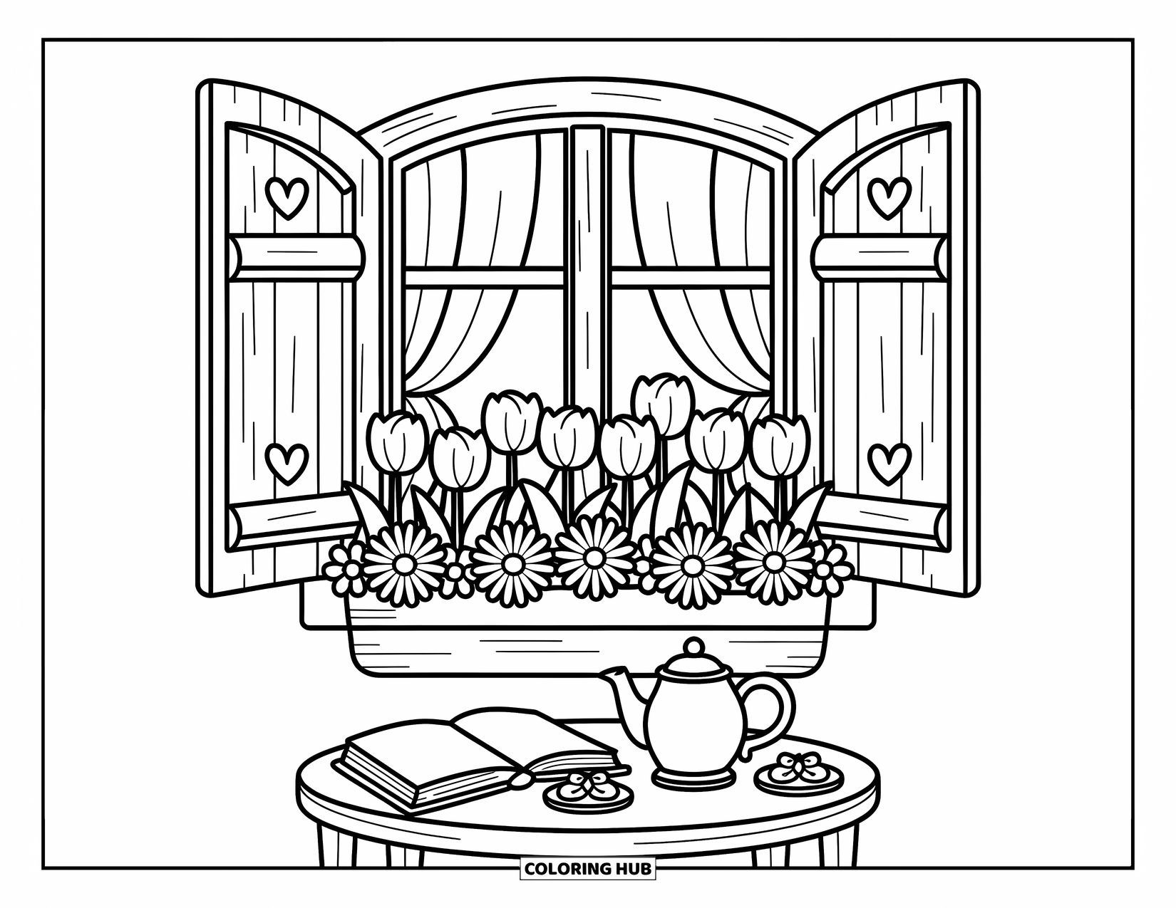Lente Kleurplaat voor Volwassenen: Een rustiek raam met hartvormige luiken kijkt uit op een bloembak, een theeservies en vlinderkoekjes