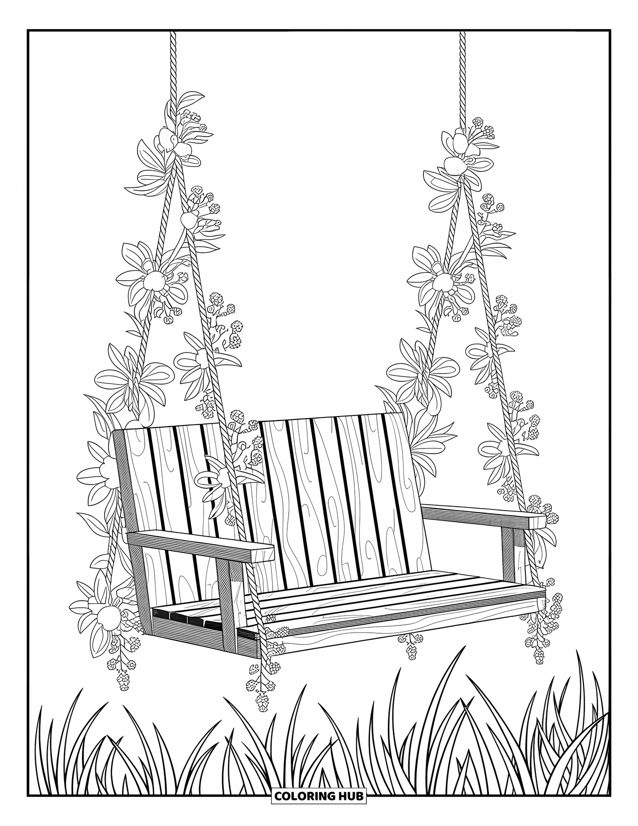 Lente Kleurplaat voor Volwassenen: Een rustieke houten schommel gedrapeerd in klimbloemen, zachtjes wiegend in een rustige weide