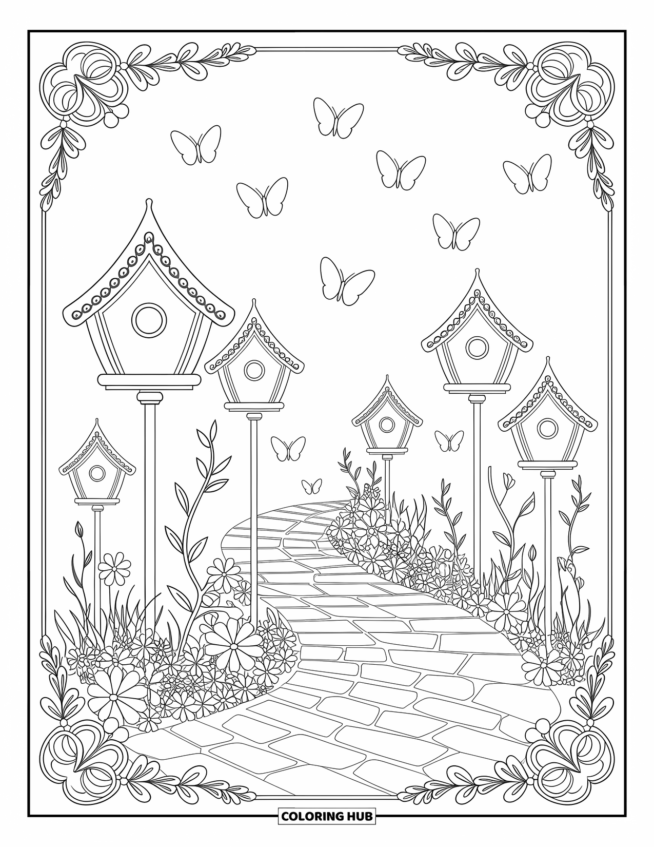 Lente Kleurplaat voor Volwassenen: Een serene tuin met een kronkelend stenen pad, vogelhuisjes en fladderende vlinders