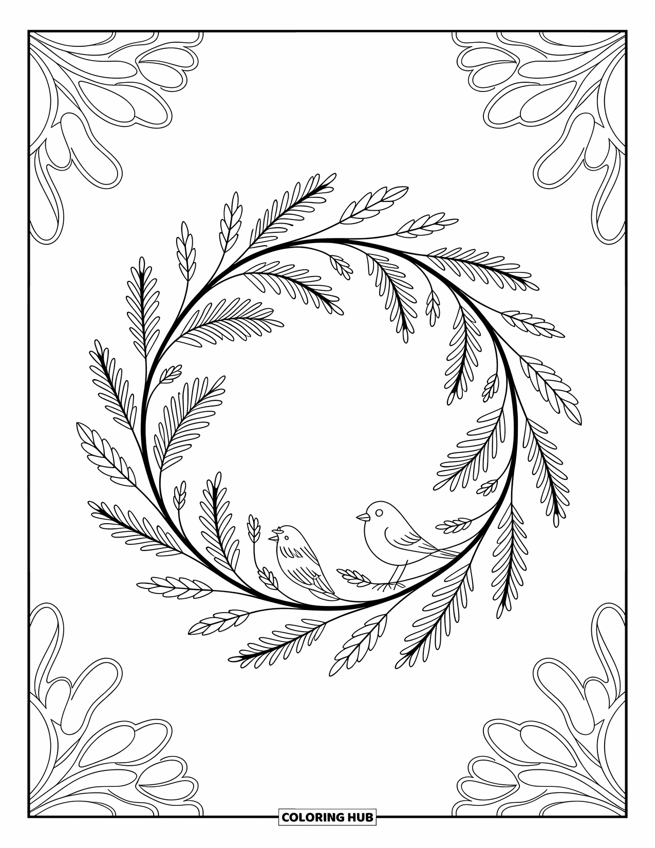 Lente Kleurplaat voor Volwassenen: Een zachte bloemenkrans met kleine vogels die tussen de wilde bloemen en krullende bladeren zitten