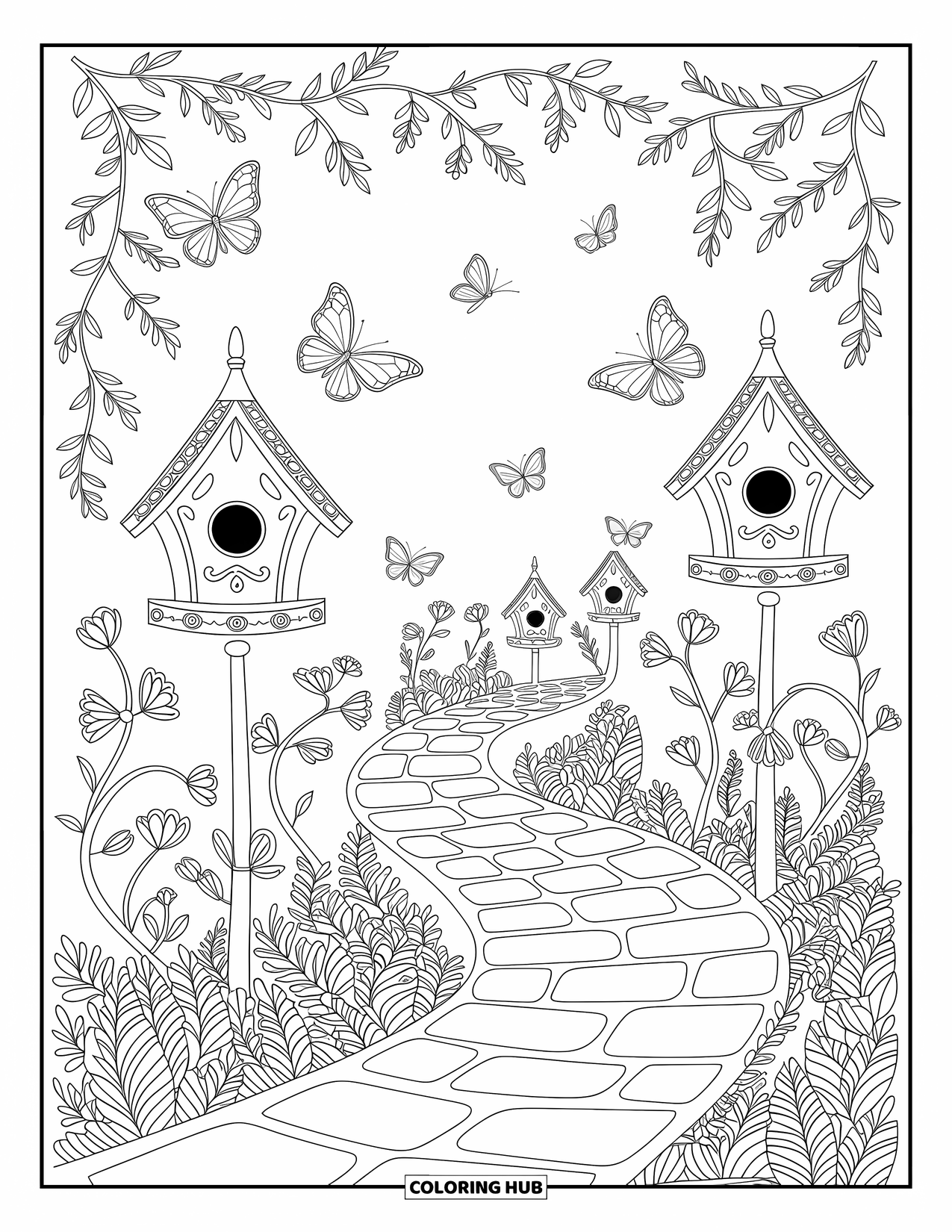 Lente Kleurplaat voor Volwassenen: Een stenen pad slingert door een rustige tuin vol vogelhuisjes en dwarrelende vlinders
