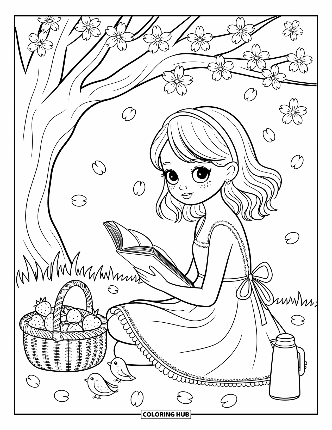 Lente Kleurplaat voor Volwassenen: Een lief meisje leest onder een kersenbloesemboom, omringd door zwevende bloemblaadjes en gezellige picknicklekkernijen