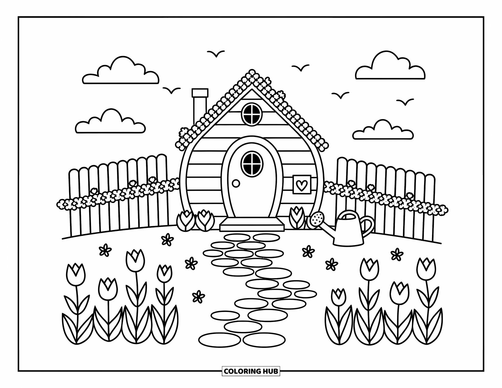 Lente Kleurplaat voor Volwassenen: Een klein huis met een ronde deur en een hartvormige brievenbus, een met klimop begroeid hek en een kronkelend stenen pad