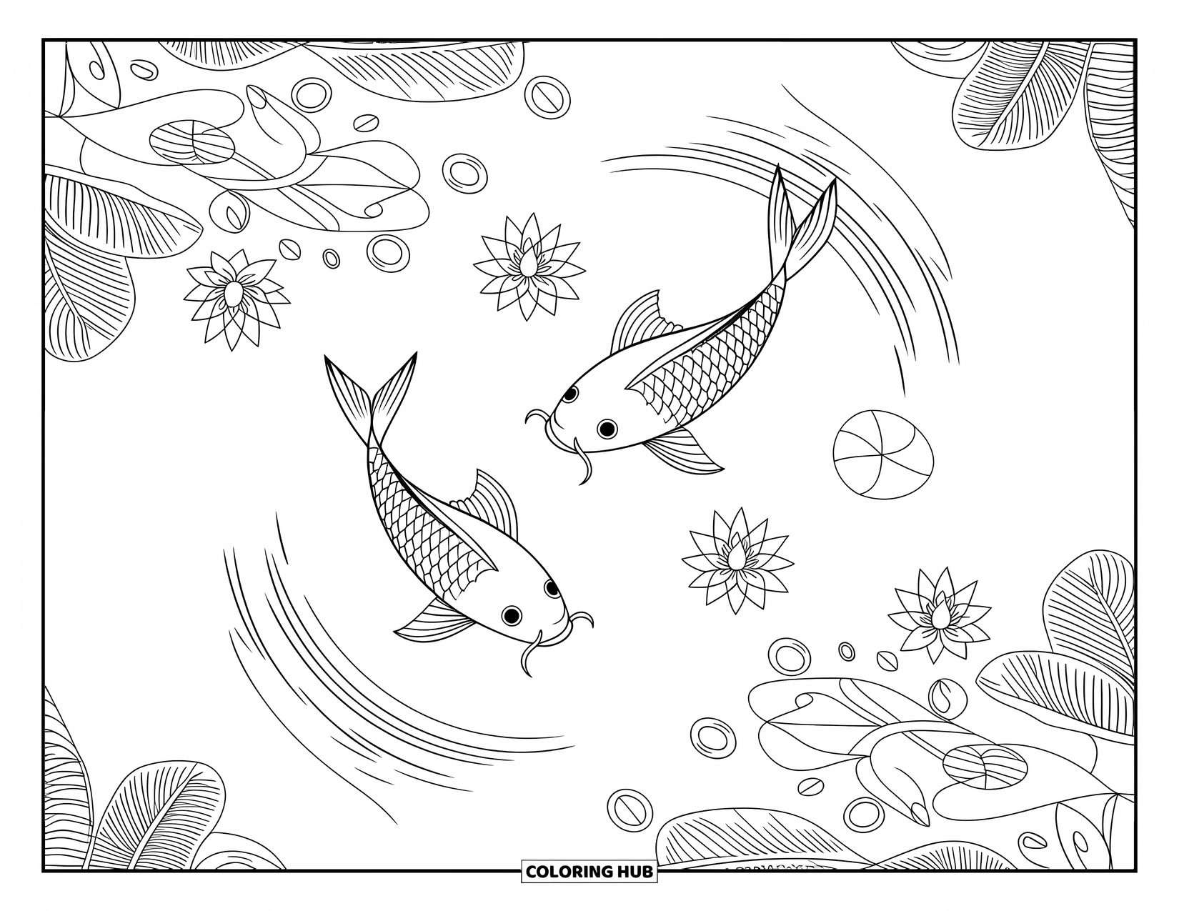 Lente Kleurplaat voor Volwassenen: Een rustige koivijver met waterlelies en rimpelende patronen die een vredige sfeer creëren