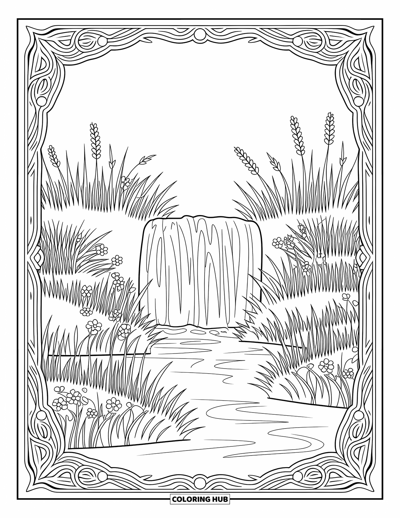 Lente Kleurplaat voor Volwassenen: Een rustige watervalscène met hoog gras, wilde bloemen en ingewikkelde wervelende patronen