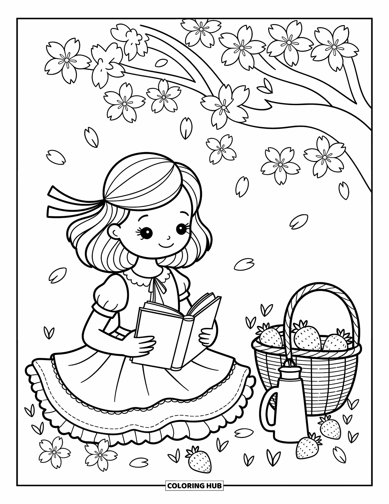 Lente Kleurplaat voor Volwassenen: Een golvendharig meisje ontspant onder een kersenbloesemboom, lezend met een mand vol lekkernijen