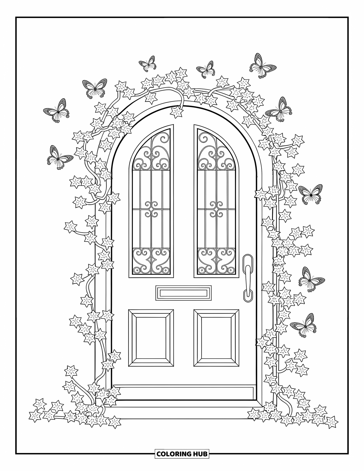 Lente Kleurplaat voor Volwassenen: Een grillige tuindeur omlijst door klimop en sierlijk ijzerwerk, met vlinders die ronddansen