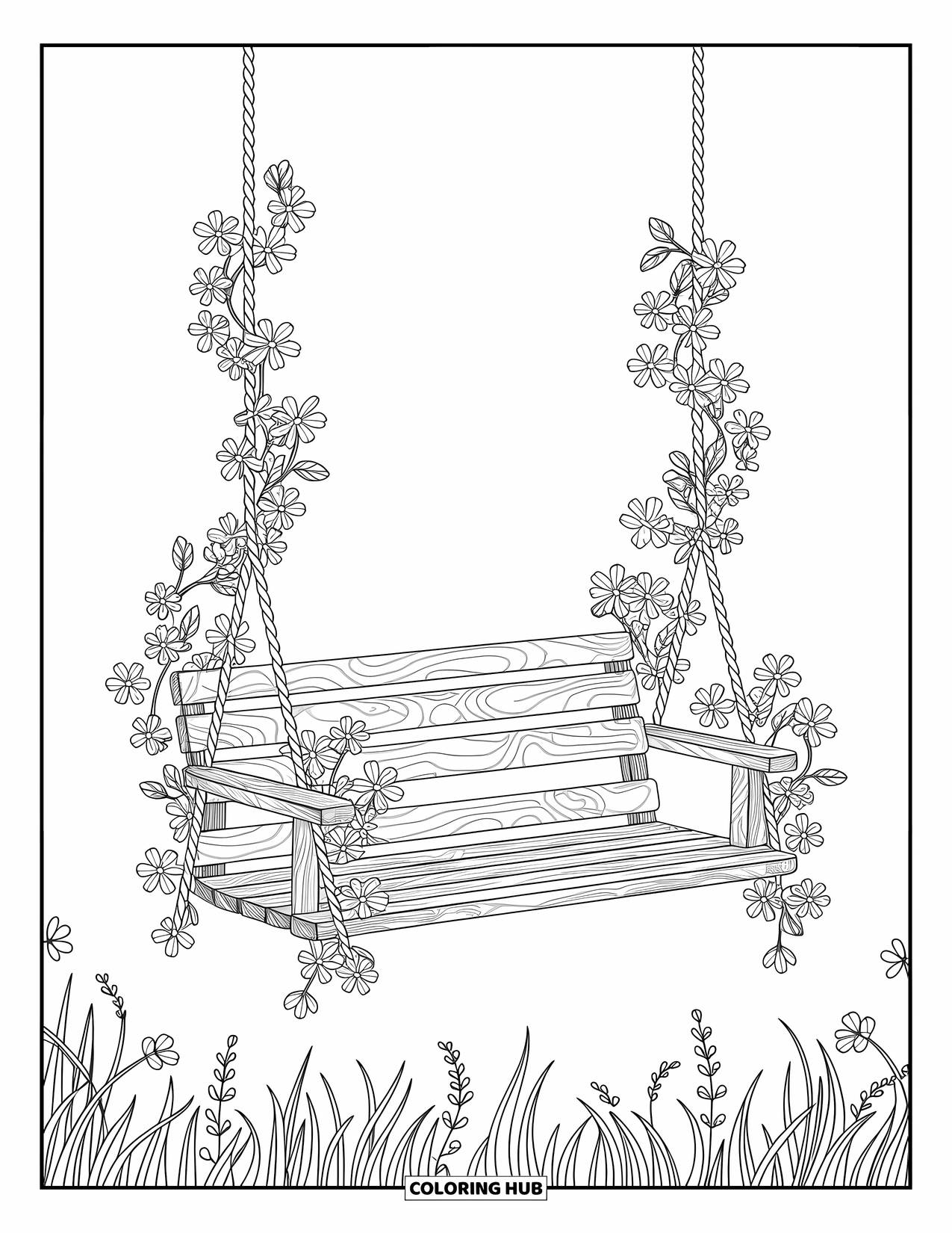 Lente Kleurplaat voor Volwassenen: Een houten schommel versierd met bloemen, zachtjes hangend in een rustig en vredig veld