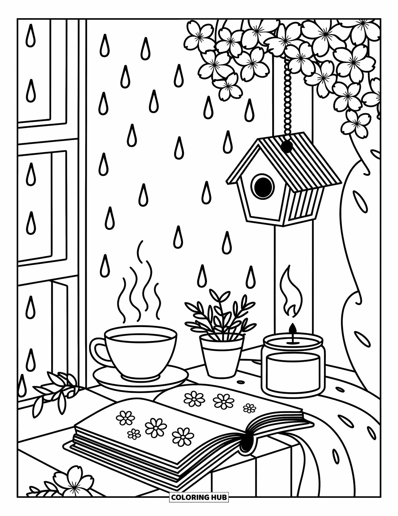 Lente Kleurplaat voor Volwassenen: Een houten schommel hangt aan een boom, met een boek en een theekopje ernaast