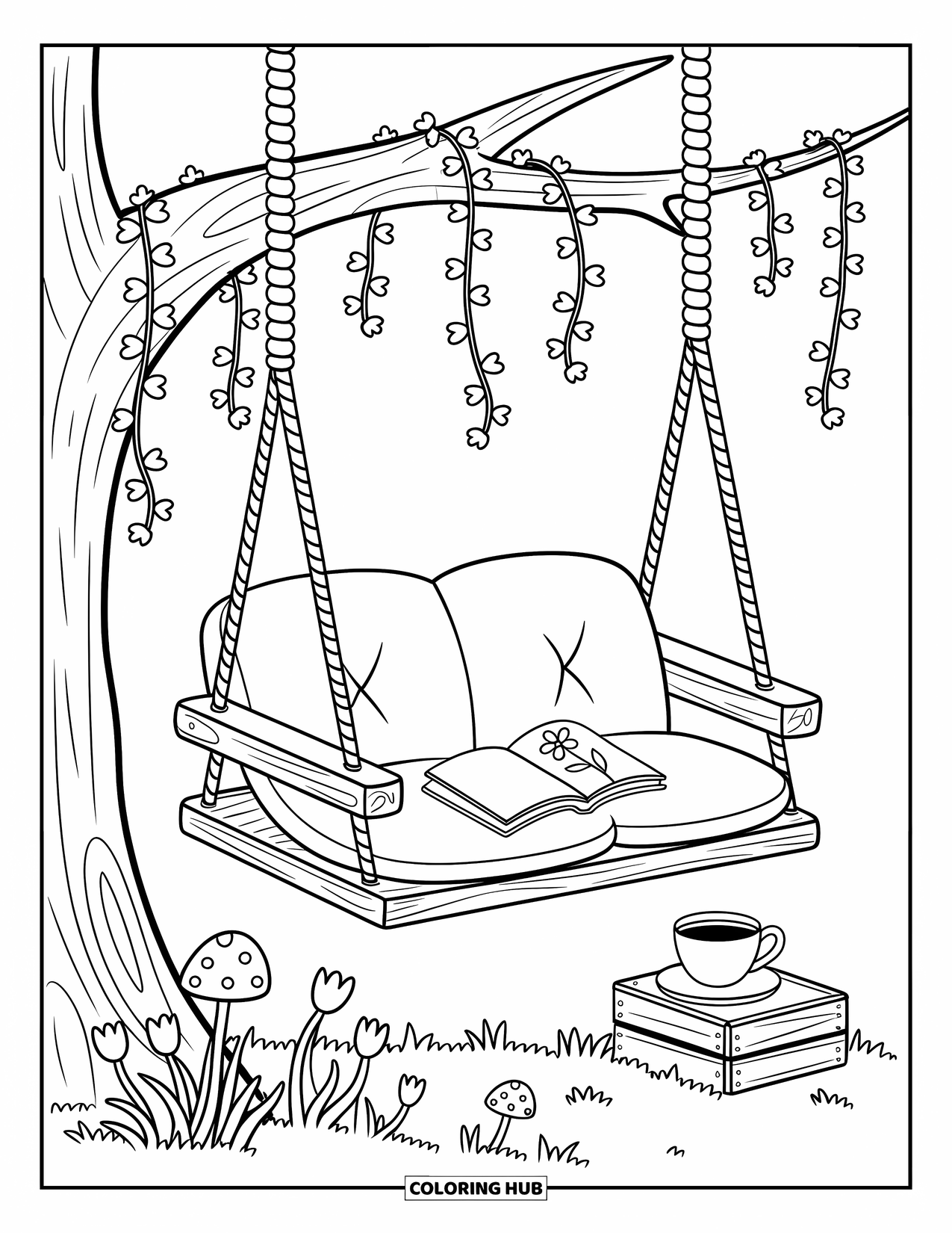 Lente Kleurplaat voor Volwassenen: Een houten schommel met een kussen, een boek en thee rust onder een bloeiende boom