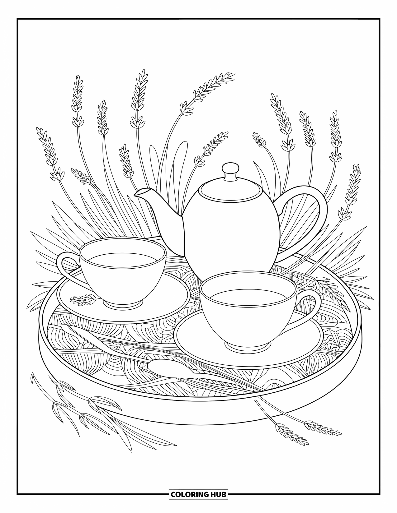 Lente Kleurplaat voor Volwassenen: Een houten dienblad bevat een vredige theeset, omringd door verse lavendel en geurige kruiden