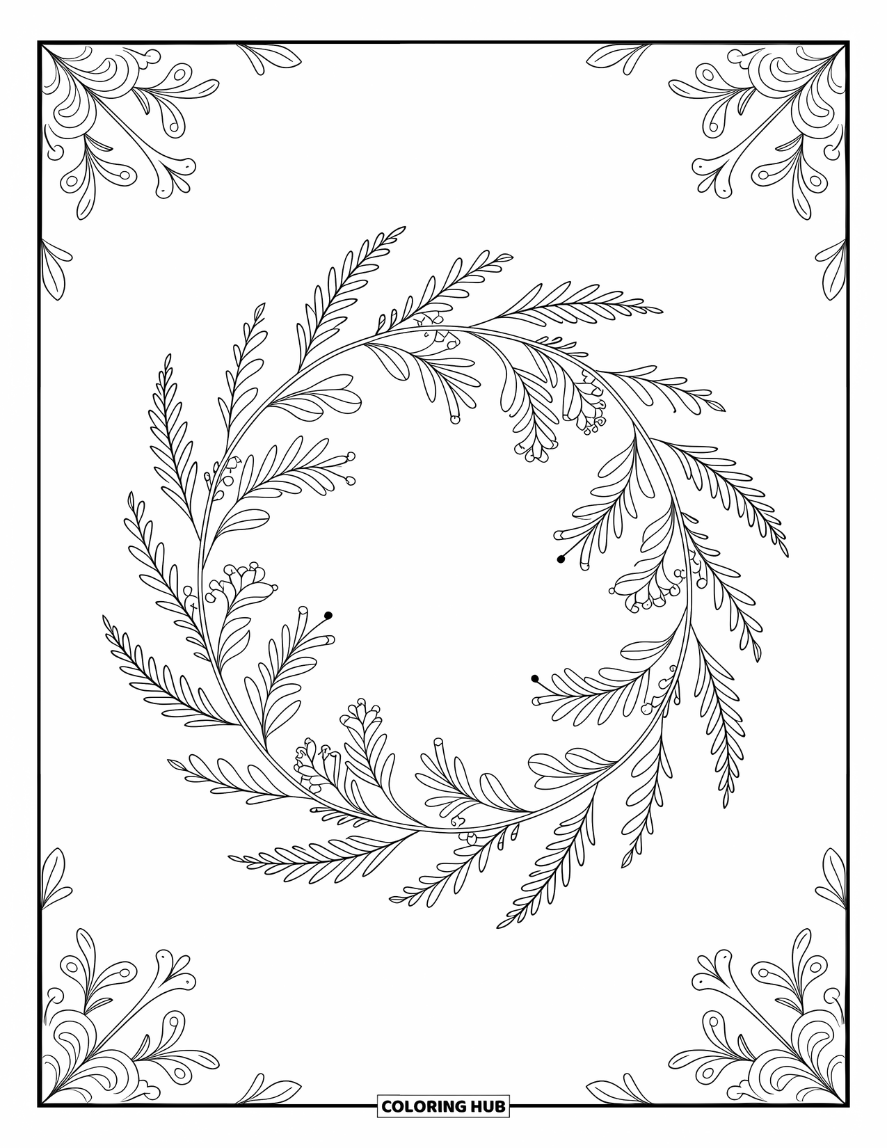 Lente Kleurplaat voor Volwassenen: Een krans van wilde bloemen en bladeren met twee kleine vogels die op de delicate takken rusten