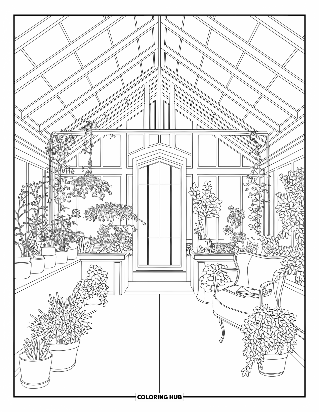 Lente Kleurplaat voor Volwassenen: Een elegante kas gevuld met potplanten, hangende wijnranken en een gezellige leeshoek