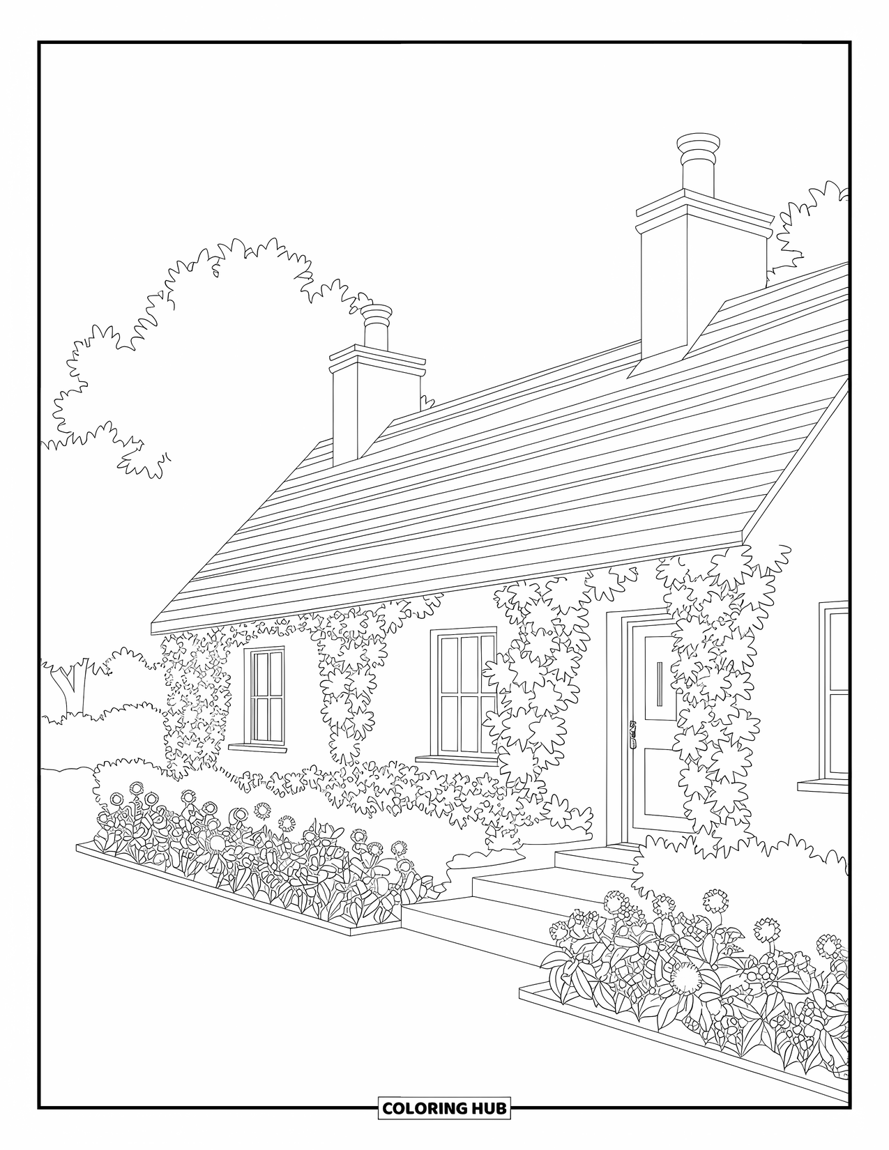 Lente Kleurplaat voor Volwassenen: Een uitnodigend landelijk huisje met met klimop begroeide muren en een mooie bloementuin