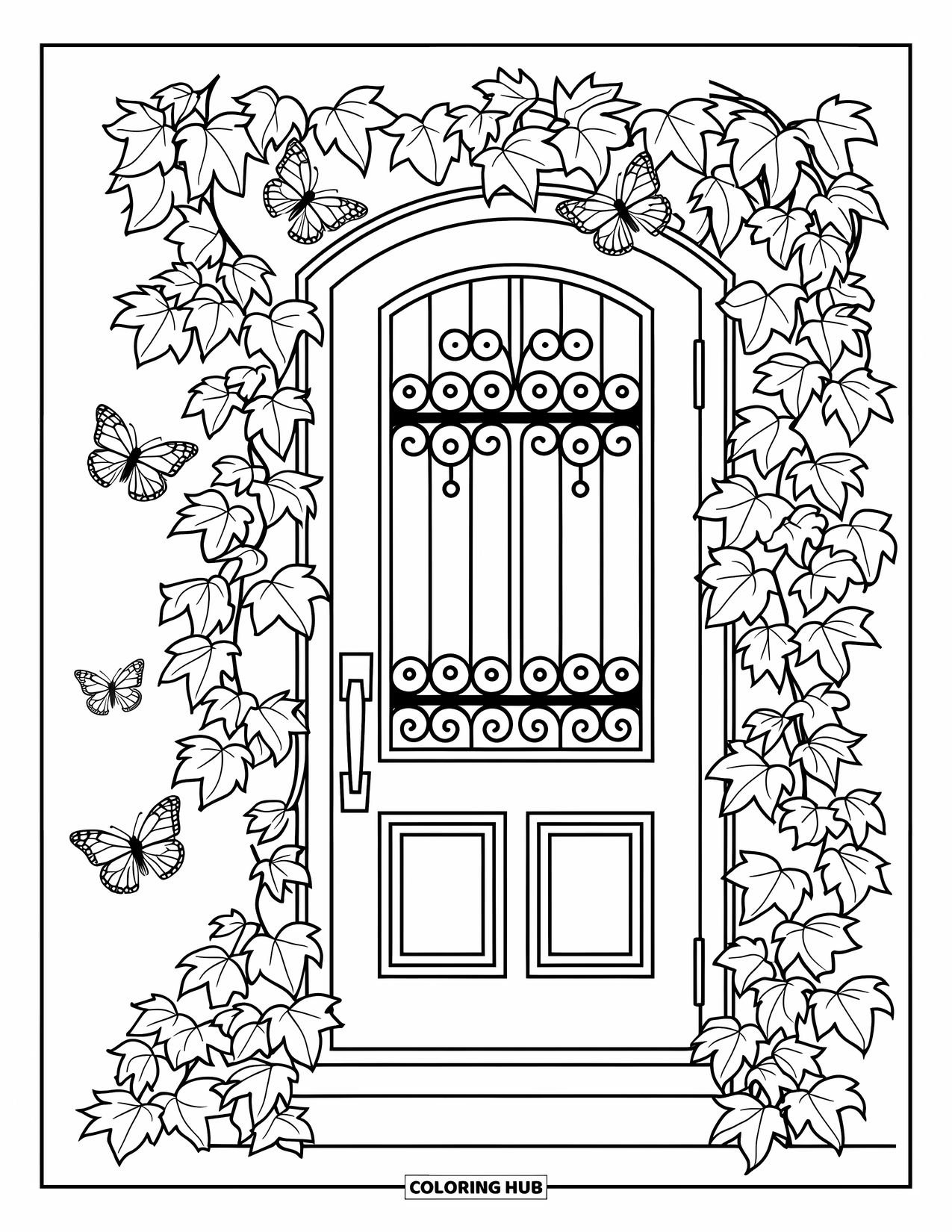 Lente Kleurplaat voor Volwassenen: Een uitnodigende tuindeur omringd door kruipende klimop, sierlijk ijzerwerk en fladderende vlinders