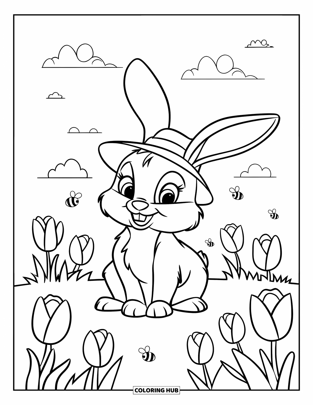 Lente Kleurplaat voor Kinderen: Een groot, vriendelijk konijn zit in een weiland vol tulpen en zoemende bijen