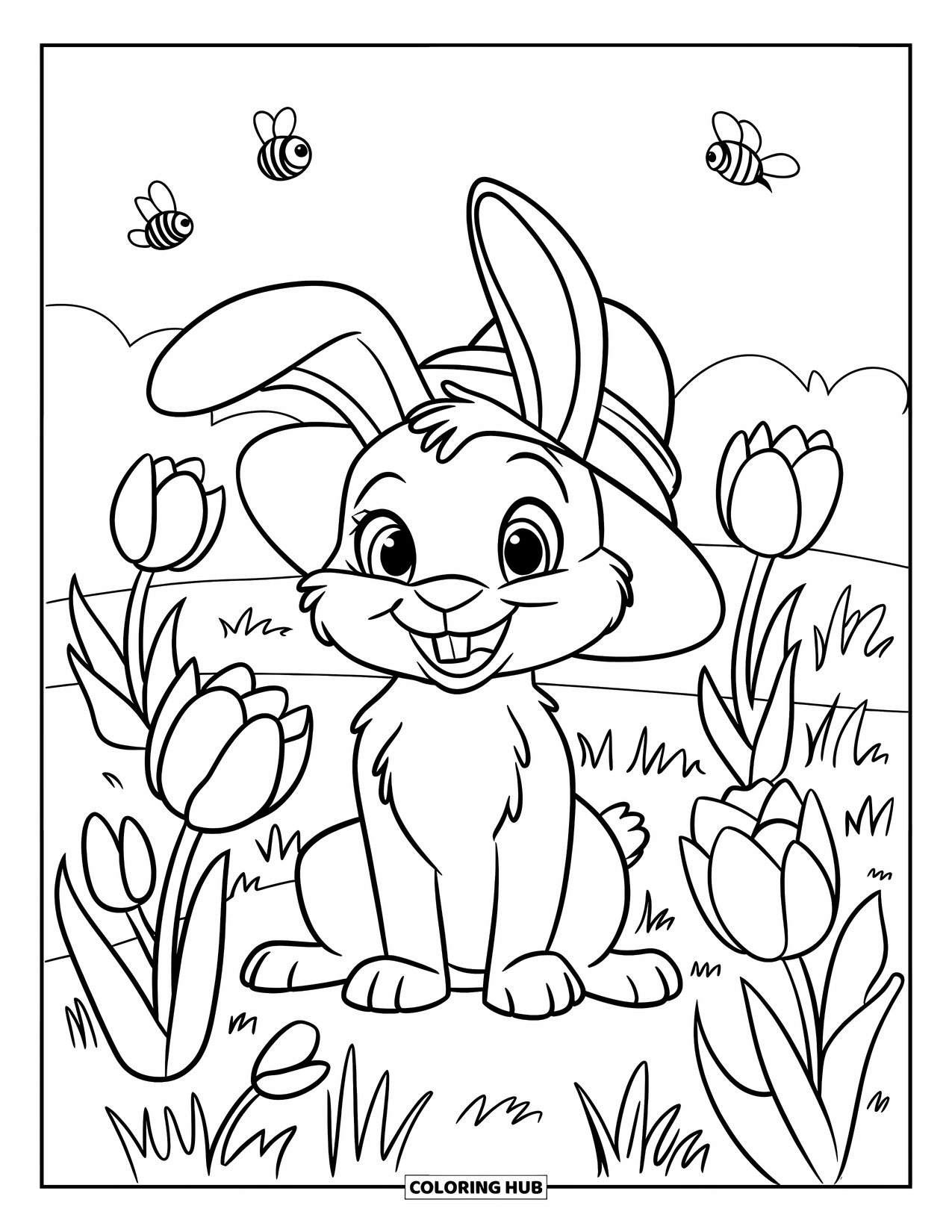Lente Kleurplaat voor Kinderen: Een groot, vriendelijk konijn zit in een weiland vol tulpen en zoemende bijen