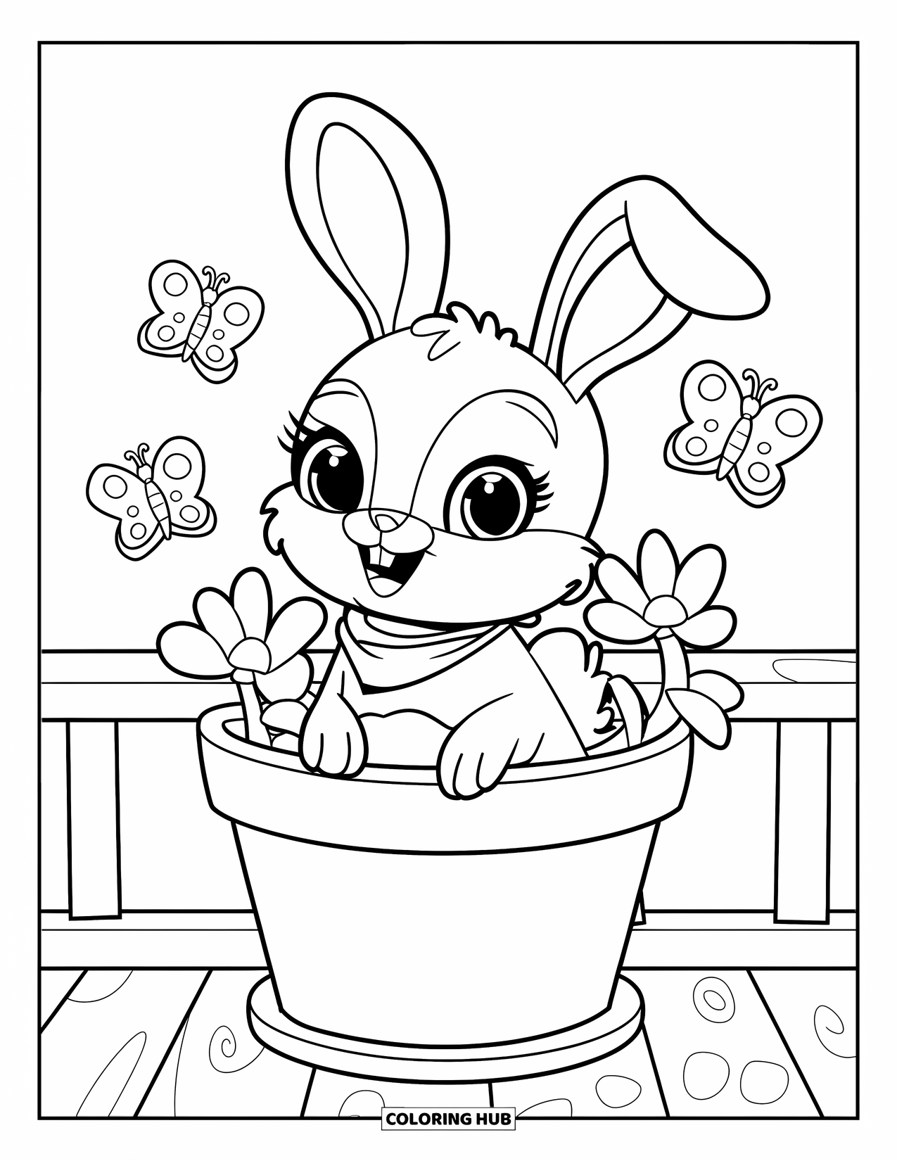 Lente Kleurplaat voor Kinderen: Een konijntje met een sjaal zit in een bloempot en kijkt naar vlinders die rondfladderen