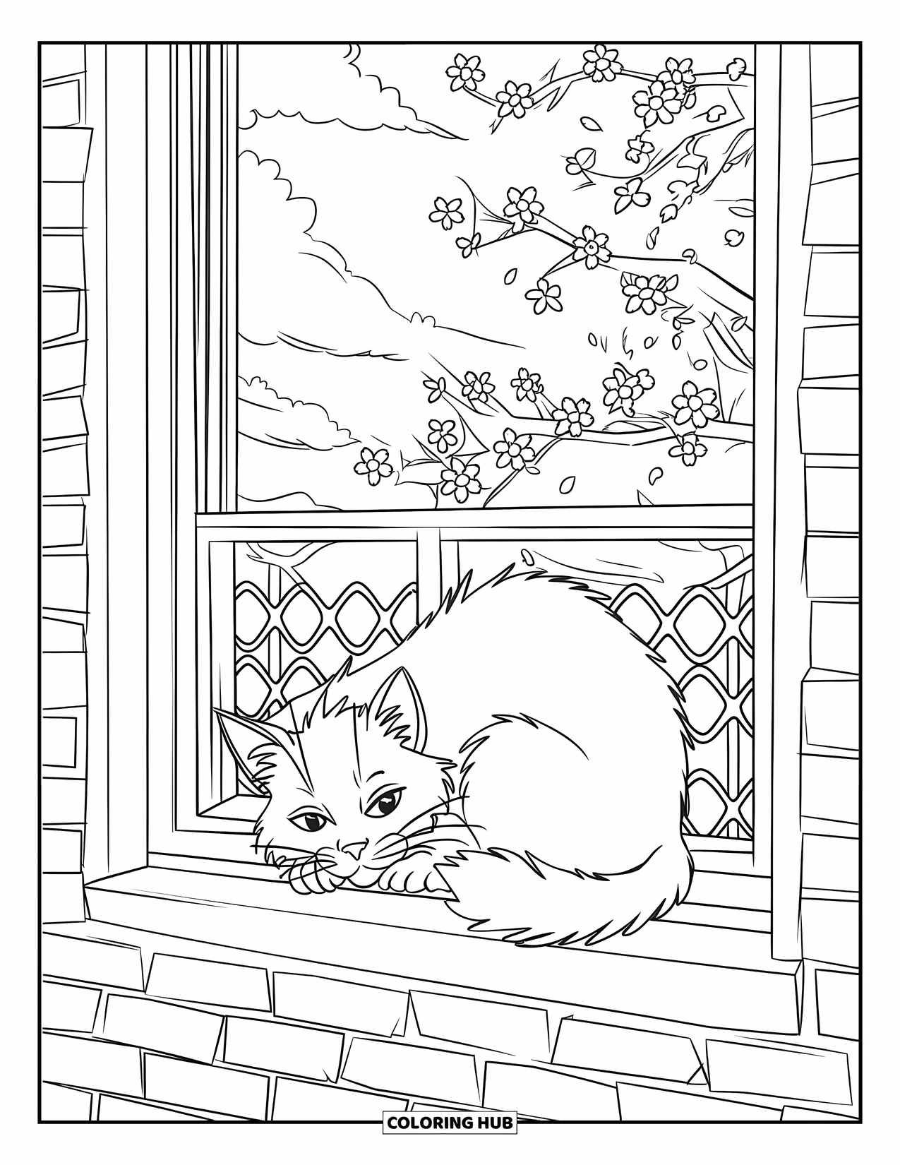 Lente Kleurplaat voor Kinderen: Een kat ligt op een houten vensterbank en kijkt naar bloeiende bomen in de verte