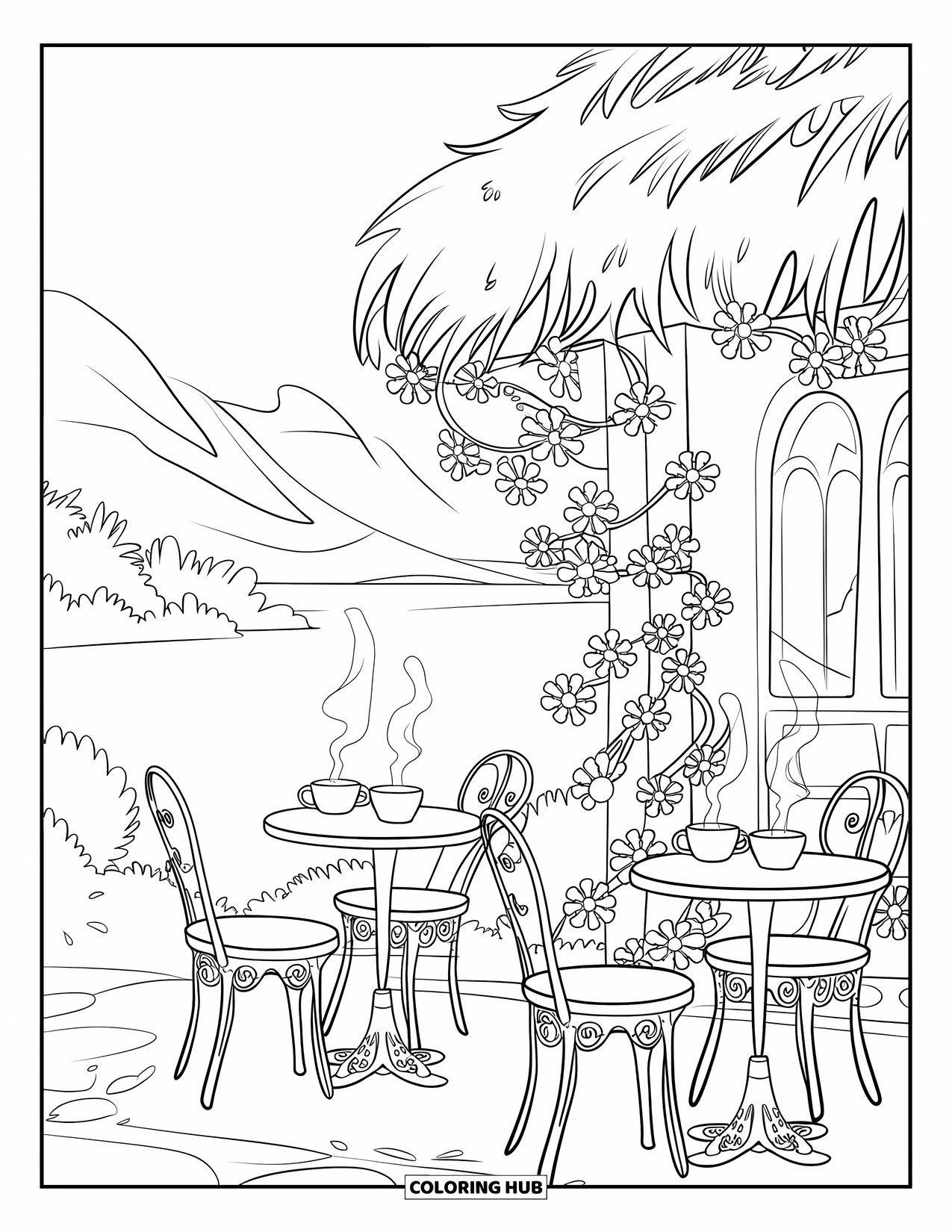 Lente Kleurplaat voor Kinderen: Een charmant buitencafé met smeedijzeren tafels, stomende thee en klimmende bloemenranken