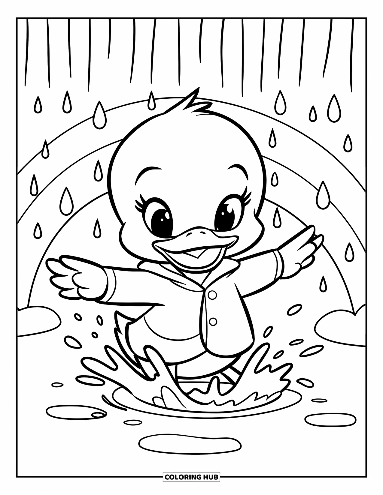 Lente Kleurplaat voor Kinderen: Een vrolijk eendje in een regenjas spettert in plassen terwijl de regen uit de lucht valt