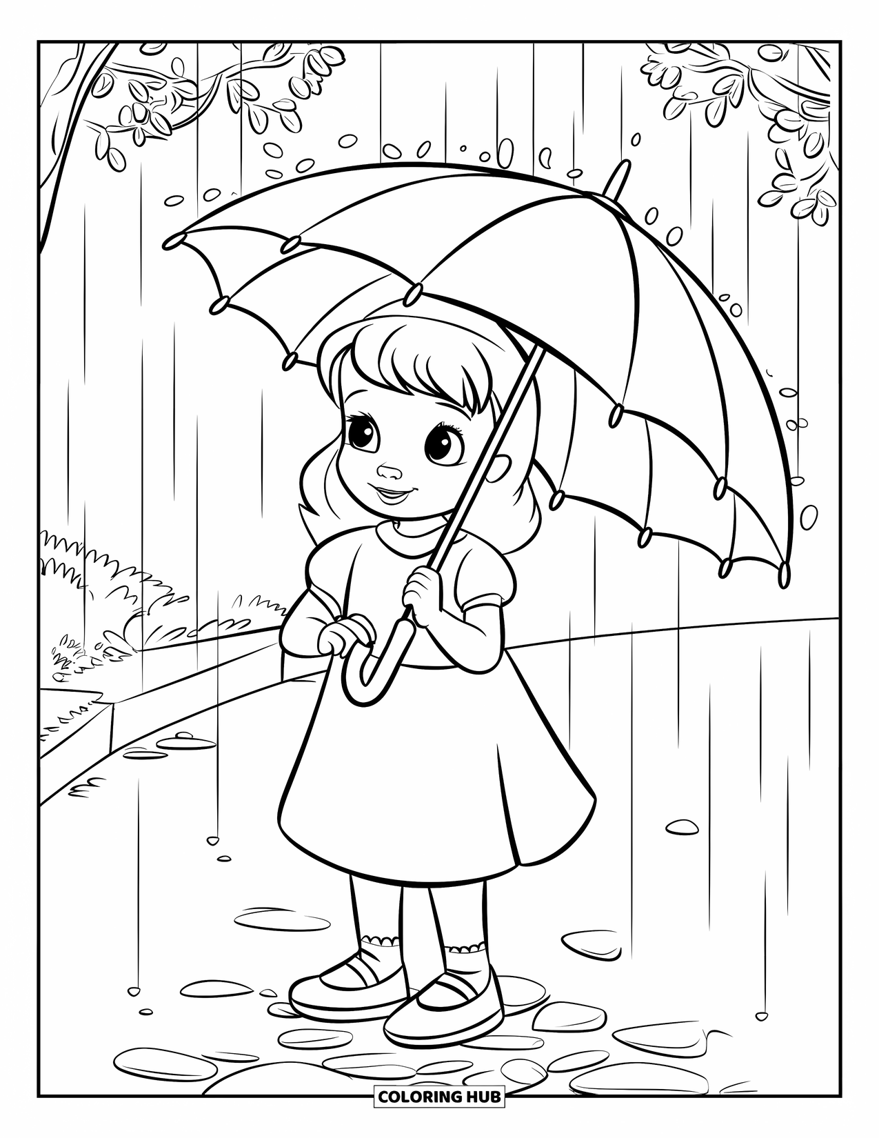 Lente Kleurplaat voor Kinderen: Een vrolijk meisje draait met haar paraplu terwijl zachte regendruppels om haar heen vallen