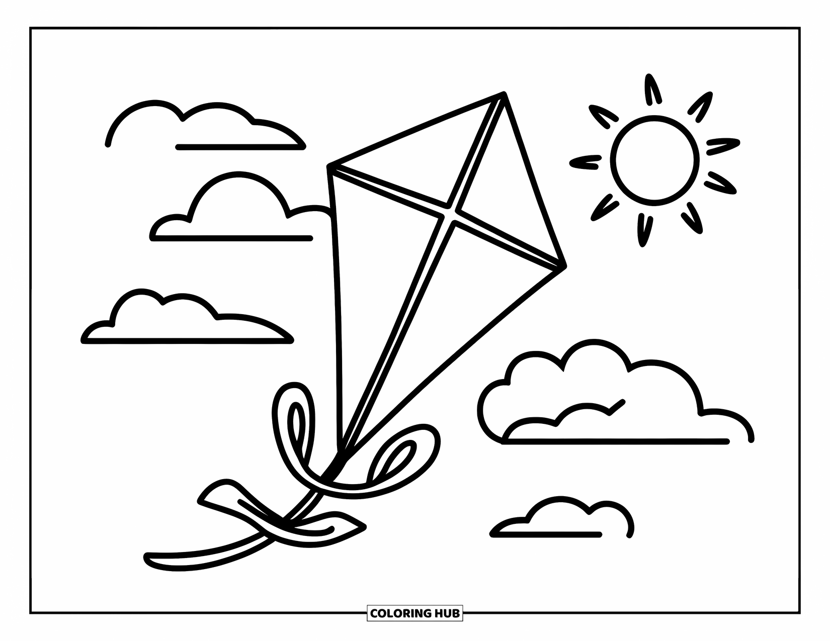 Lente Kleurplaat voor Kinderen: Een vrolijke vlieger zweeft door de wolken terwijl een zacht briesje zijn staart optilt