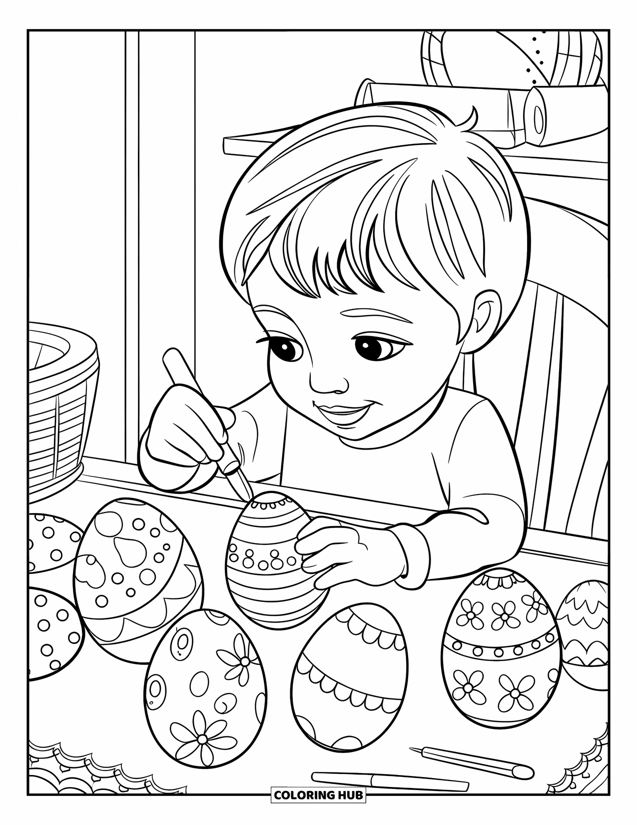 Lente Kleurplaat voor Kinderen: Een kind schildert zorgvuldig paaseieren met ingewikkelde patronen aan een gezellige tafel
