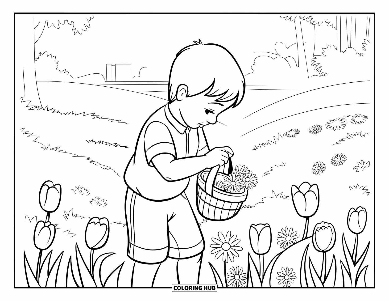 Lente Kleurplaat voor Kinderen: Een kind verzamelt tulpen en madeliefjes in een zonovergoten weiland en draagt een klein mandje