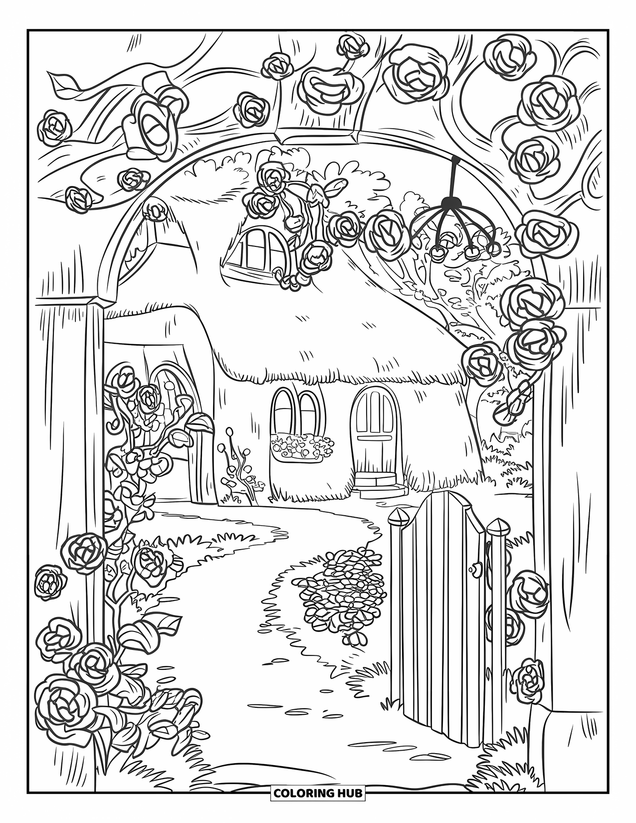 Lente Kleurplaat voor Kinderen: Een geplaveid tuinpad omzoomd met rozen leidt naar een schilderachtig houten hek